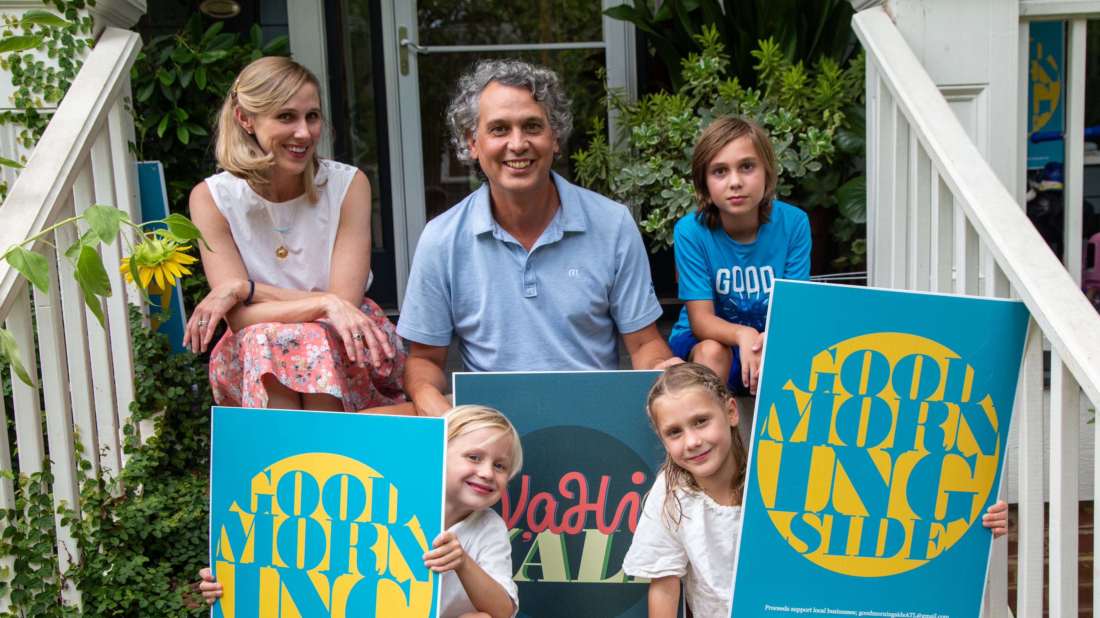 (Clockwise from top left) Emily O'Brien poses with her family Eric, Ellis (age 9), Elizabeth (7) and Chap (5) with their yard art signs at their Morningside home. Eric & his colleague Jonathan Buiel came up with some colorful "Good Morningside" signs to help local businesses suffering form the Covid-19 slowdown which have been adopted by many area stores. Net proceeds from the signs are used to buy gift certificates so the businesses benefit immediately. The gift certificates are then given to Atlanta Public School Morningside Elementary (MES) PTA to be auctioned off at school fundraisers Ð a double whammy of doing good! PHIL SKINNER FOR THE ATLANTA JOURNAL-CONSTITUTION.