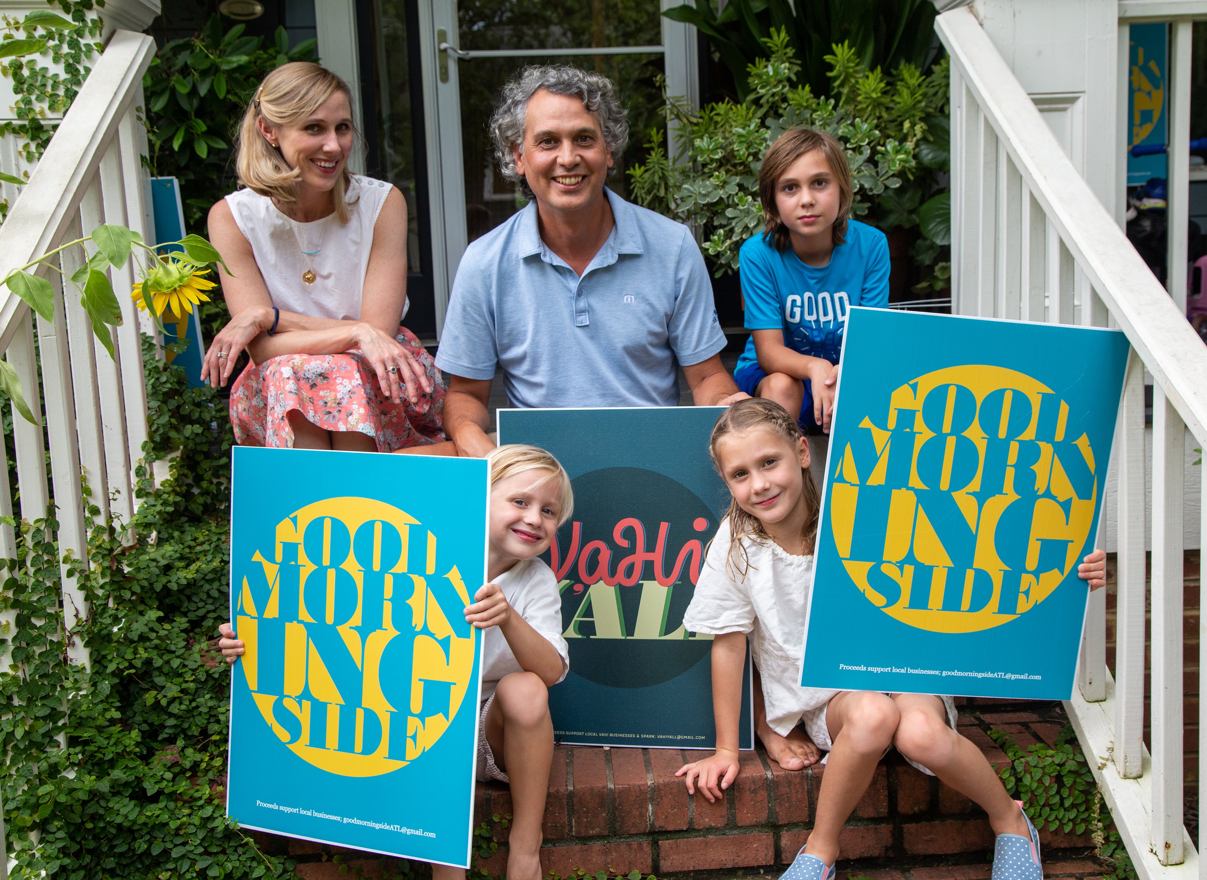 (Clockwise from top left) Emily O'Brien poses with husband Eric and children Ellis (age 10), Elizabeth (7) and Chap (5) with their yard art signs at their Morningside home. Eric O'Brien and his colleague Jonathan Buiel came up with some colorful Good Morningside signs to help local businesses suffering from the Covid-19 slowdown. Net proceeds from the signs are used to buy gift certificates so the businesses benefit immediately. The gift certificates are then given to a local school -- a double whammy of doing good! PHIL SKINNER FOR THE ATLANTA JOURNAL-CONSTITUTION.