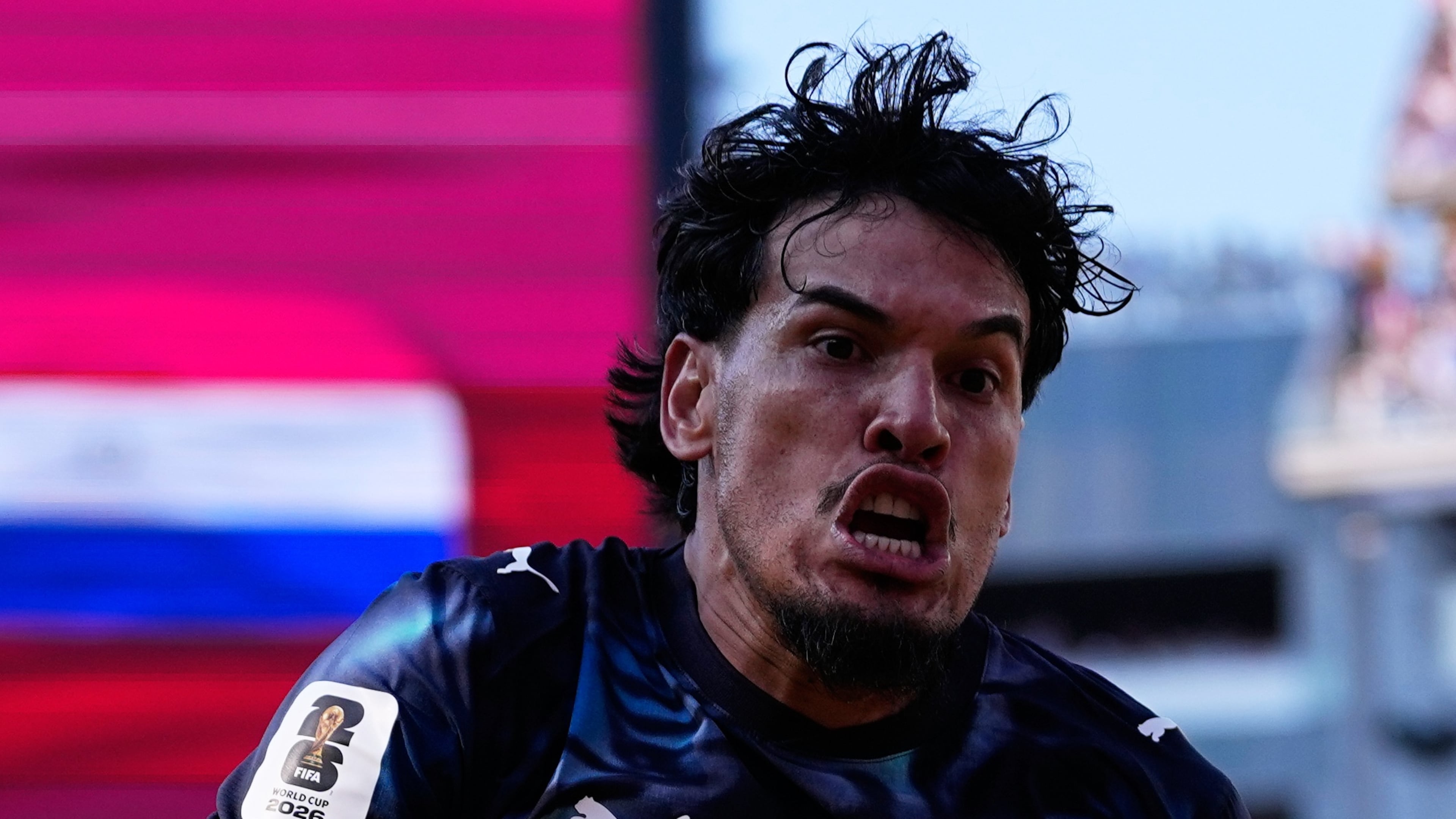 Paraguay's Julio Enciso (19) celebrates after scoring his side's opening goal with Gustavo Gomez (15), top, during the World Cup round of 32 soccer match between Germany and Paraguay in Foxborough, Mass., near Boston, Monday, June 29, 2026. (AP Photo/Petr David Josek)
