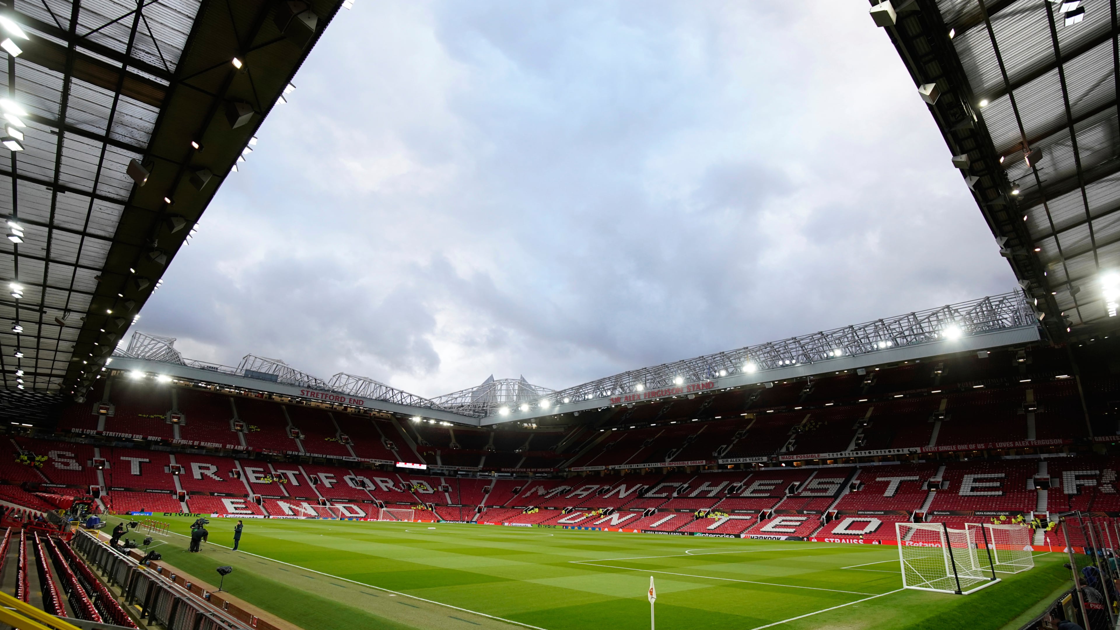 FILE - The Old Trafford stadium is seen before the Europa League soccer match between Manchester United and Real Sociedad in Manchester, England, March 13, 2025. (AP Photo/Dave Thompson, File)