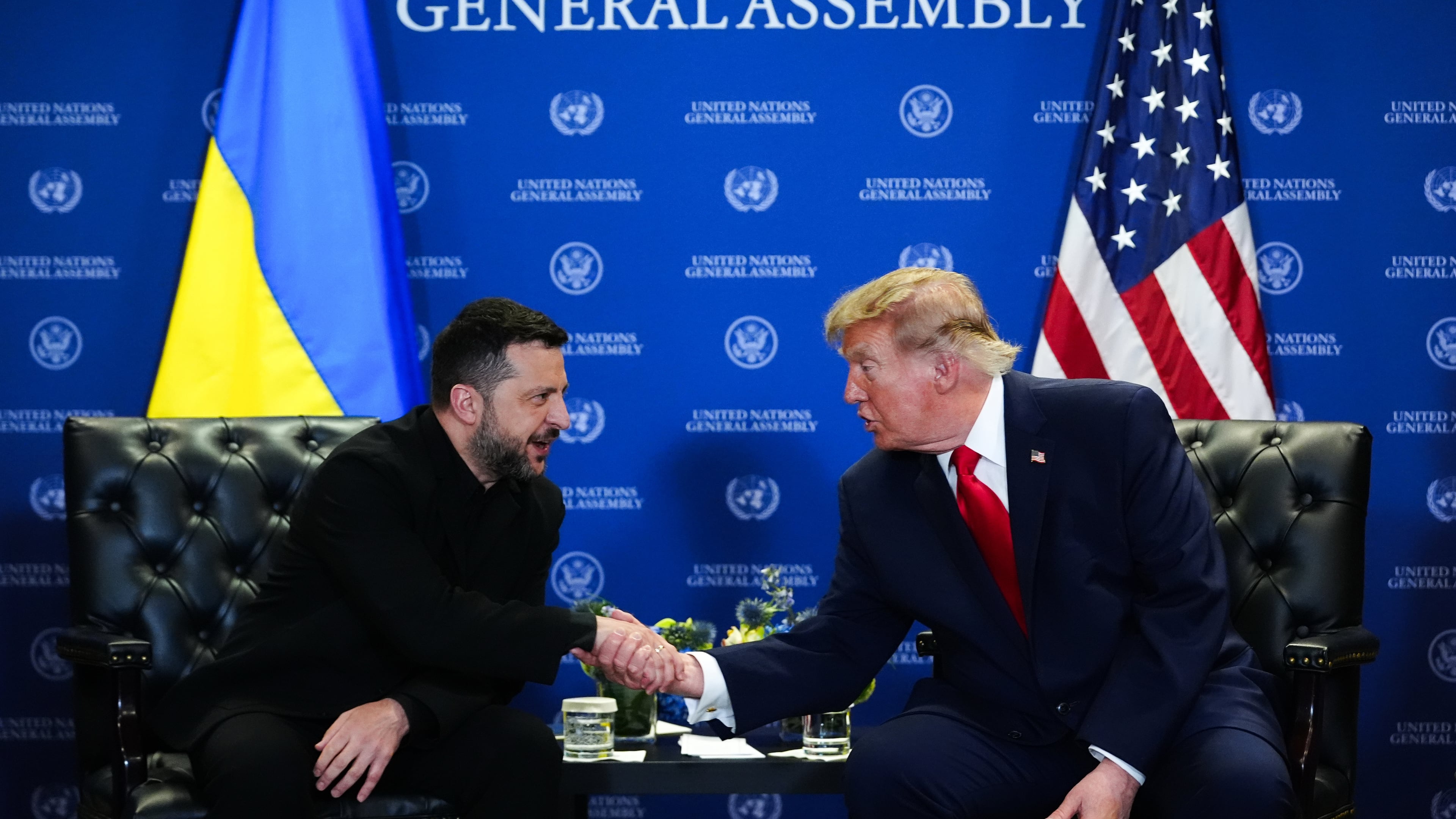 President Donald Trump and Ukraine's President Volodymyr Zelenskyy shake hands while meeting during the United Nations General Assembly, Tuesday, Sept. 22, 2026, at the UN headquarters. (AP Photo/Julia Demaree Nikhinson)
