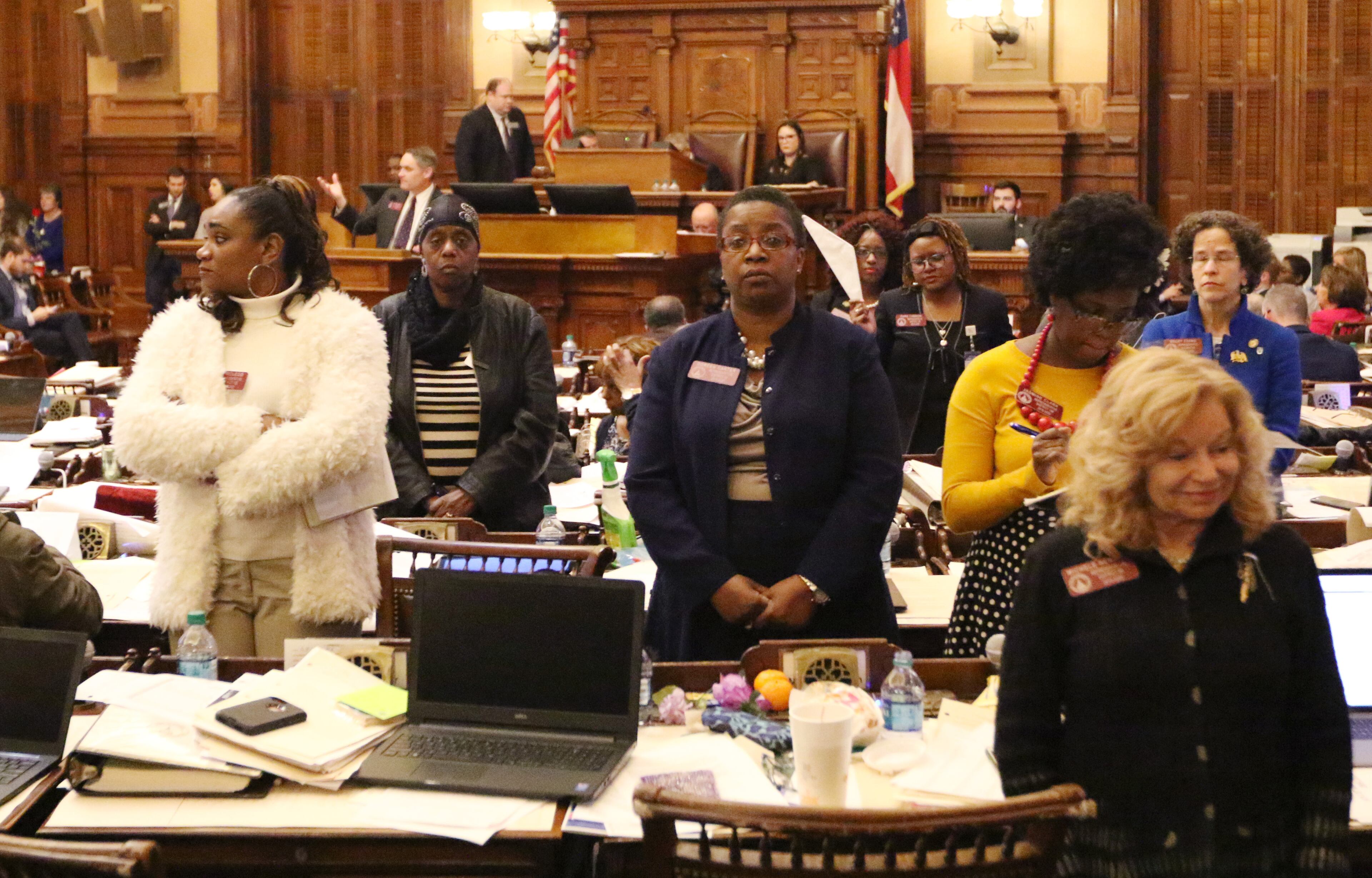 3/7/19 - Atlanta - Representatives stands with her back turned as HB 481, the "heartbeat" bill, is discussed at the Georgia State Capitol in Atlanta, Georgia on Thursday, March 7, 2019. HB 484 passed. Today was the 28th day of the General Assembly, "crossover" day. EMILY HANEY / emily.haney@ajc.com