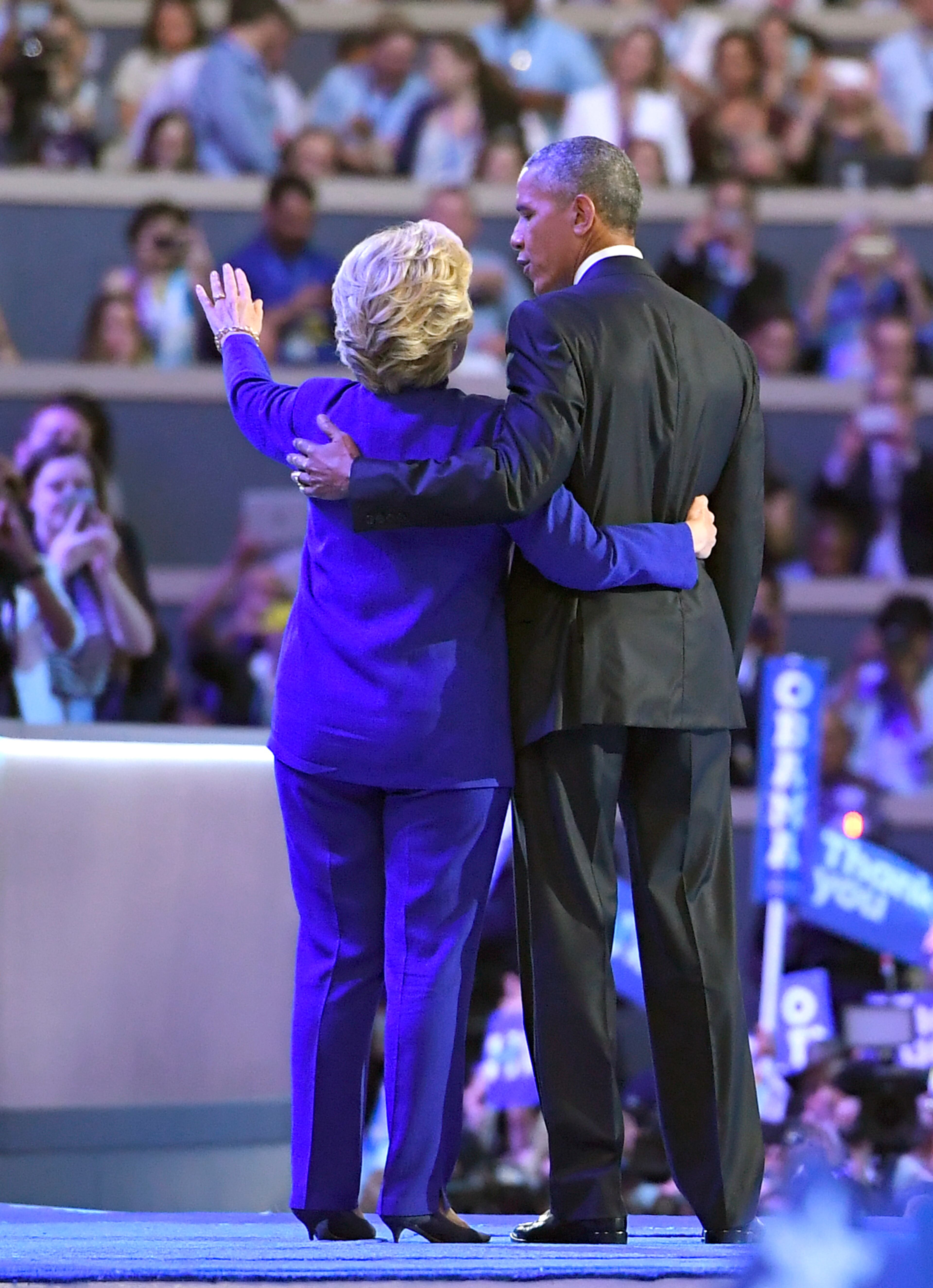 President Barack Obama and Democratic Presidential candidate Hillary Clinton stand together during the third day of the Democratic National Convention in Philadelphia , Wednesday, July 27, 2016. (AP Photo/Mark J. Terrill)