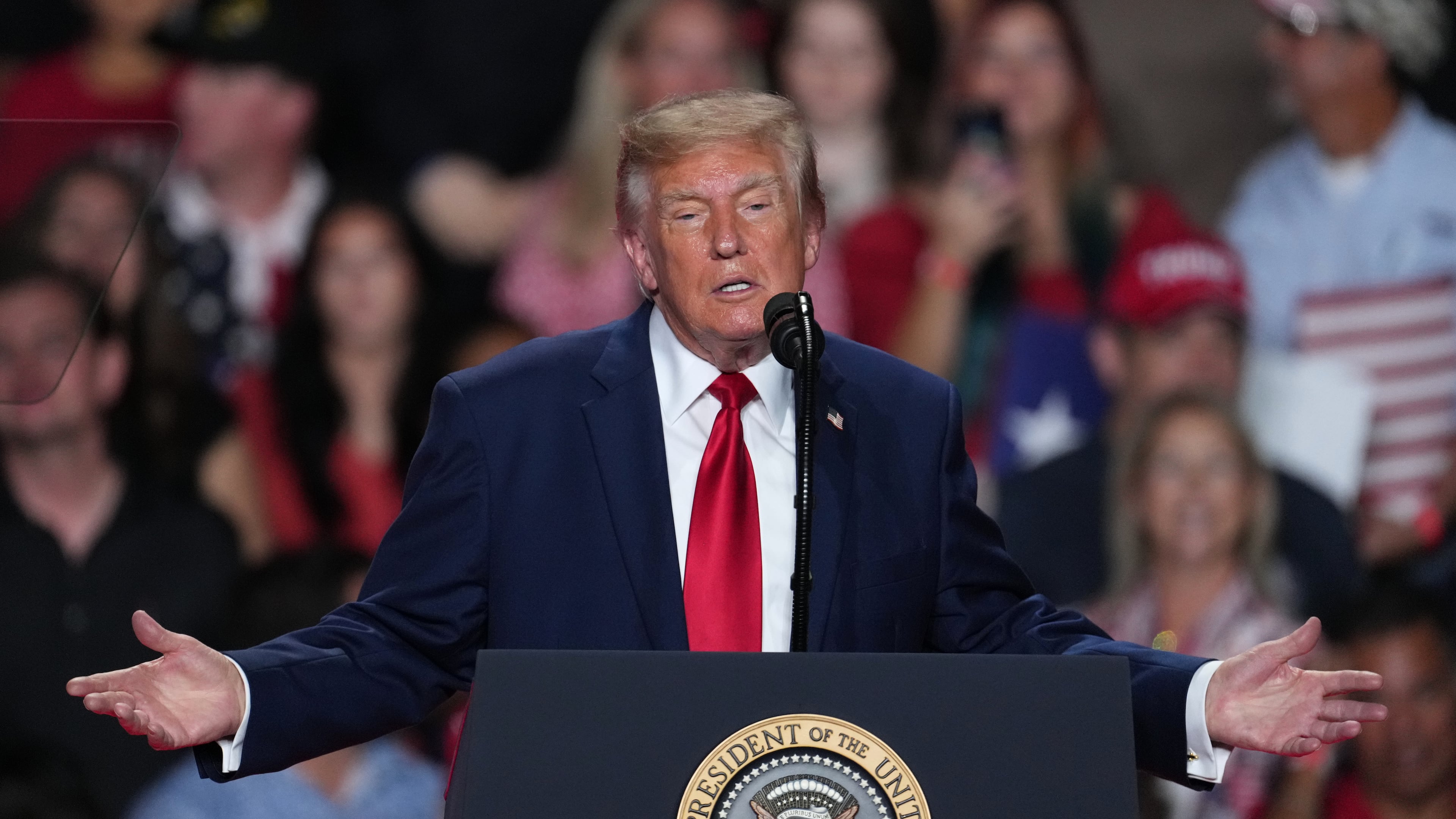 President Donald Trump speaks at a campaign rally at the Freeman Coliseum in San Antonio, Wednesday, Oct. 7, 2026. (AP Photo/Eric Gay)