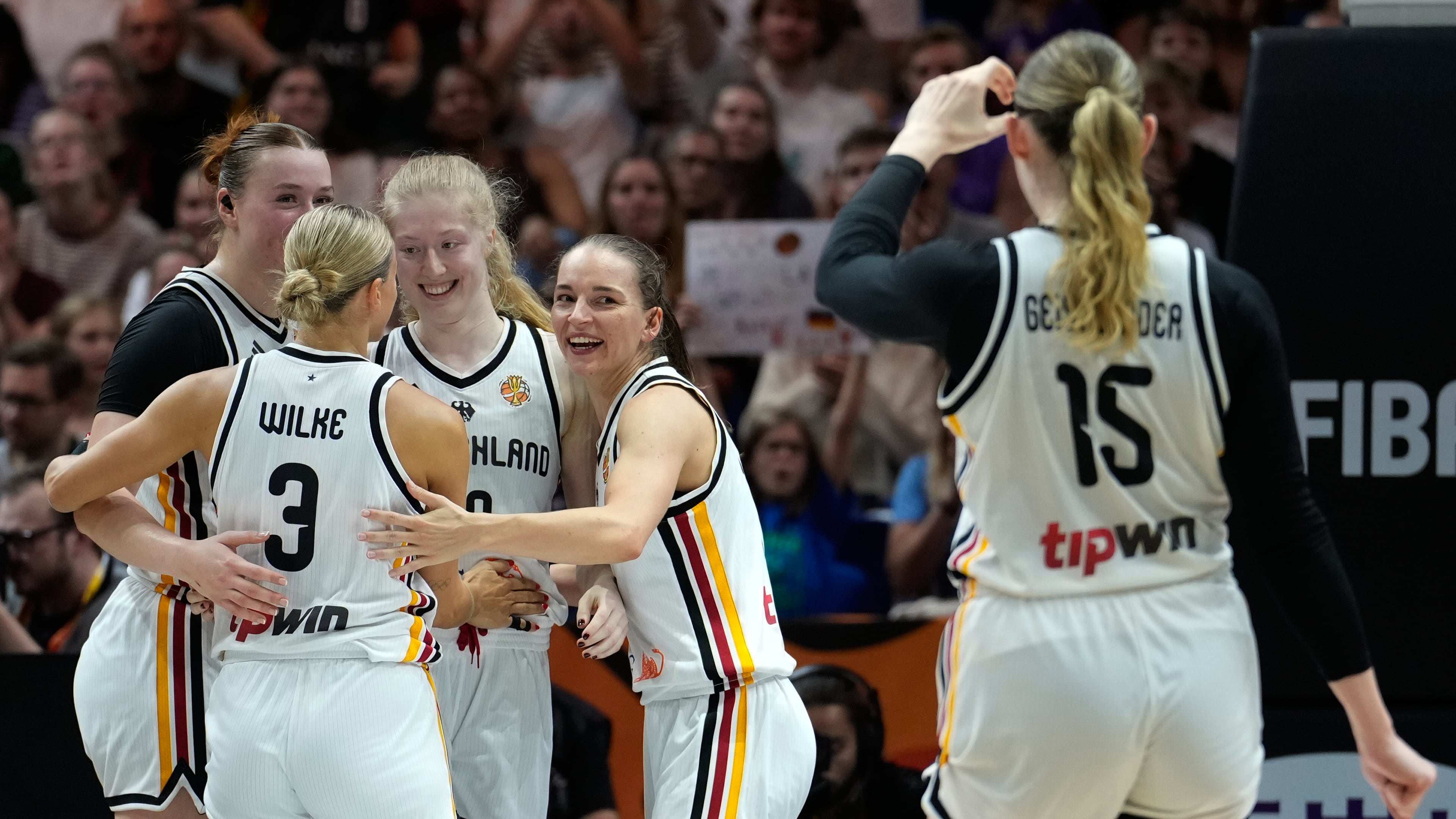German players react during the Women's Basketball World Cup match between the Germany and Mali in Berlin, Monday, Sept. 7, 2026. (AP Photo/Ebrahim Noroozi)