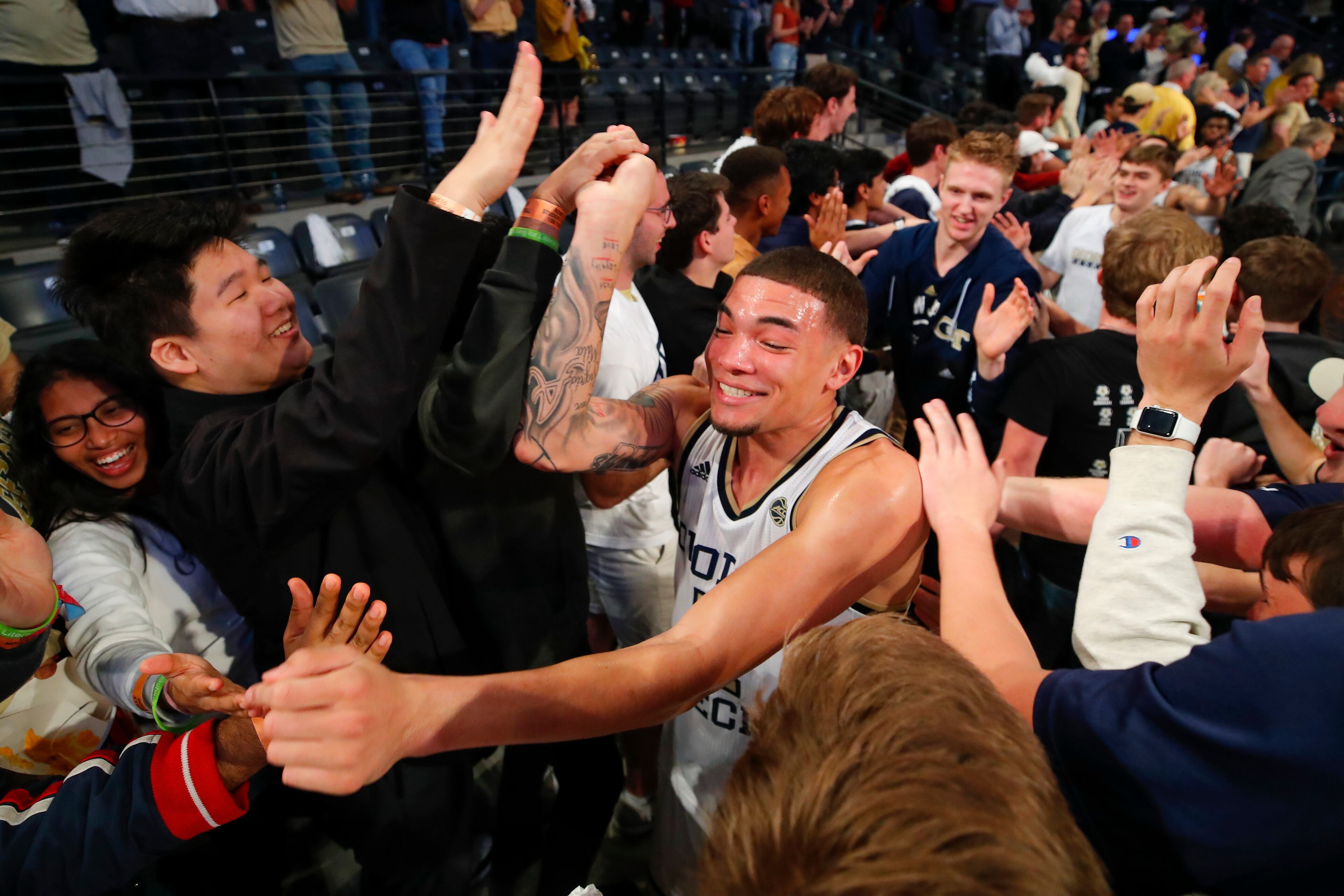 Georgia Tech guard Jordan Usher (4) reacts at the conclusion of an NCAA college basketball game against Louisville in Atlanta, Wednesday, Feb. 12, 2020. (AP Photo/Todd Kirkland)