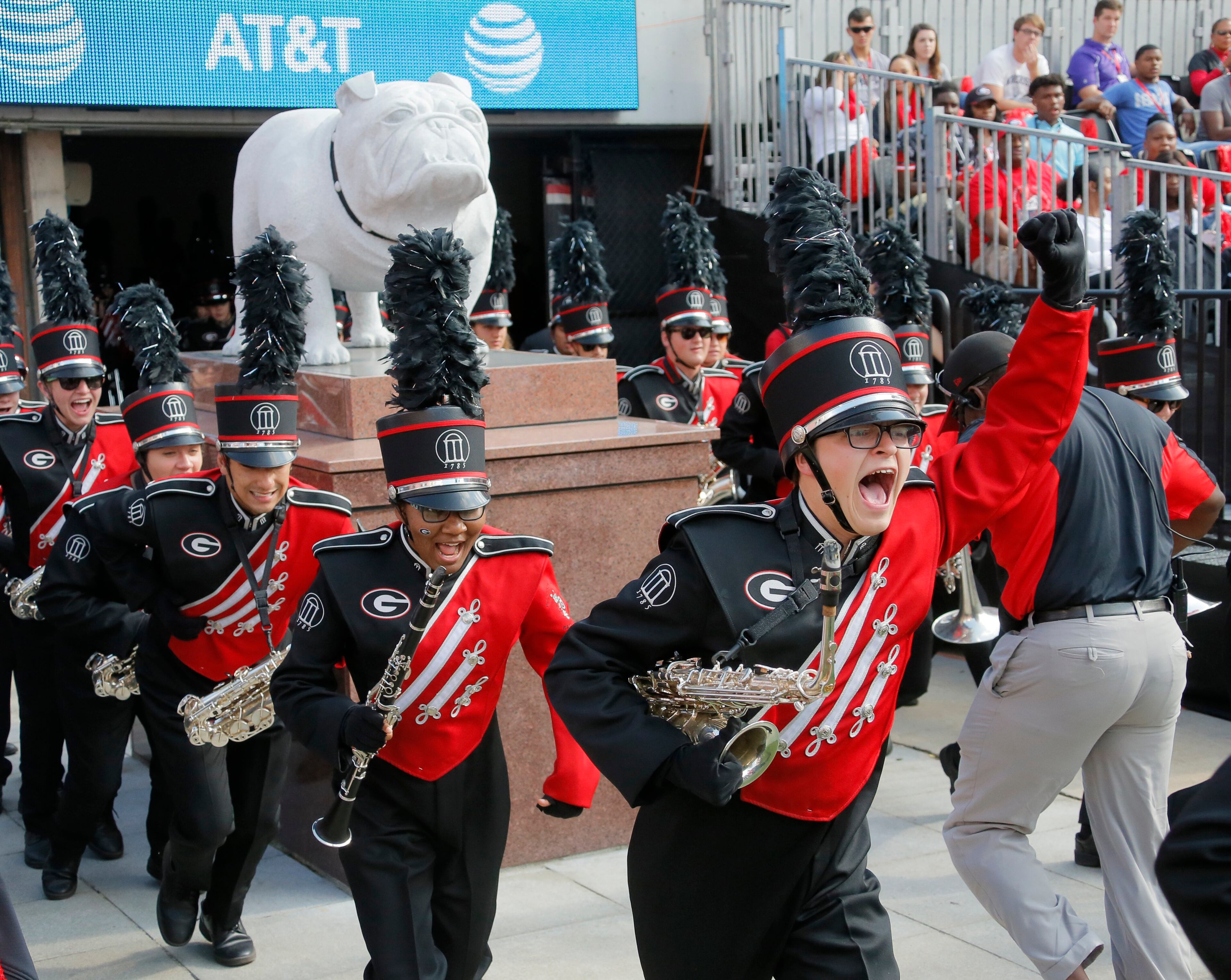 11/4/17 - Athens - The Georgia band takes the field before the game. NCAA football game between the University of Georgia Bulldogs and the University of South Carolina Gamecocks BOB ANDRES /BANDRES@AJC.COM