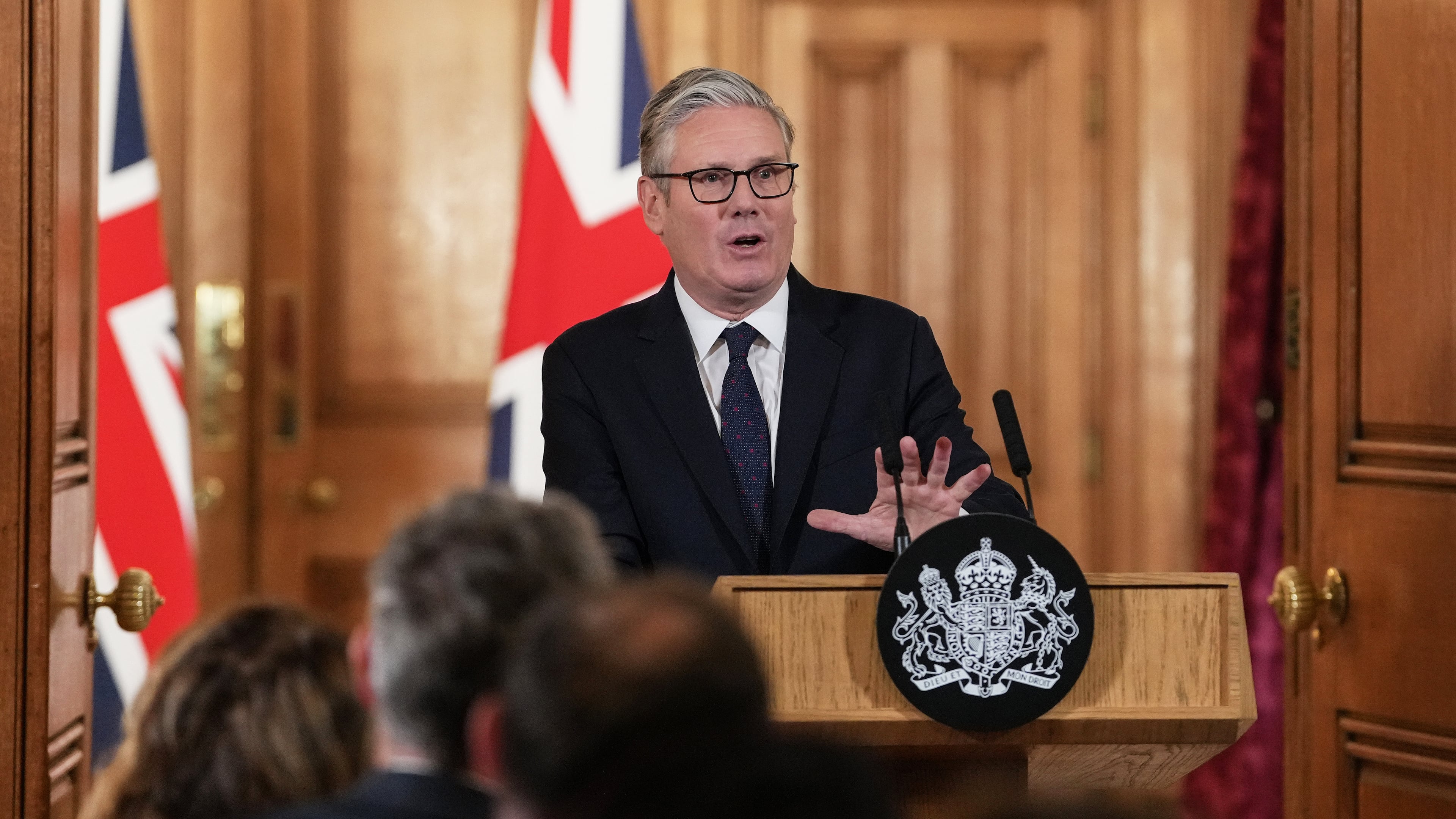 Britain's Prime Minister Keir Starmer attends a press conference to announce government action to protect children online, at Downing Street in central London, Monday, June 15, 2026. (Carlos Jasso/ Pool Photo via AP)
