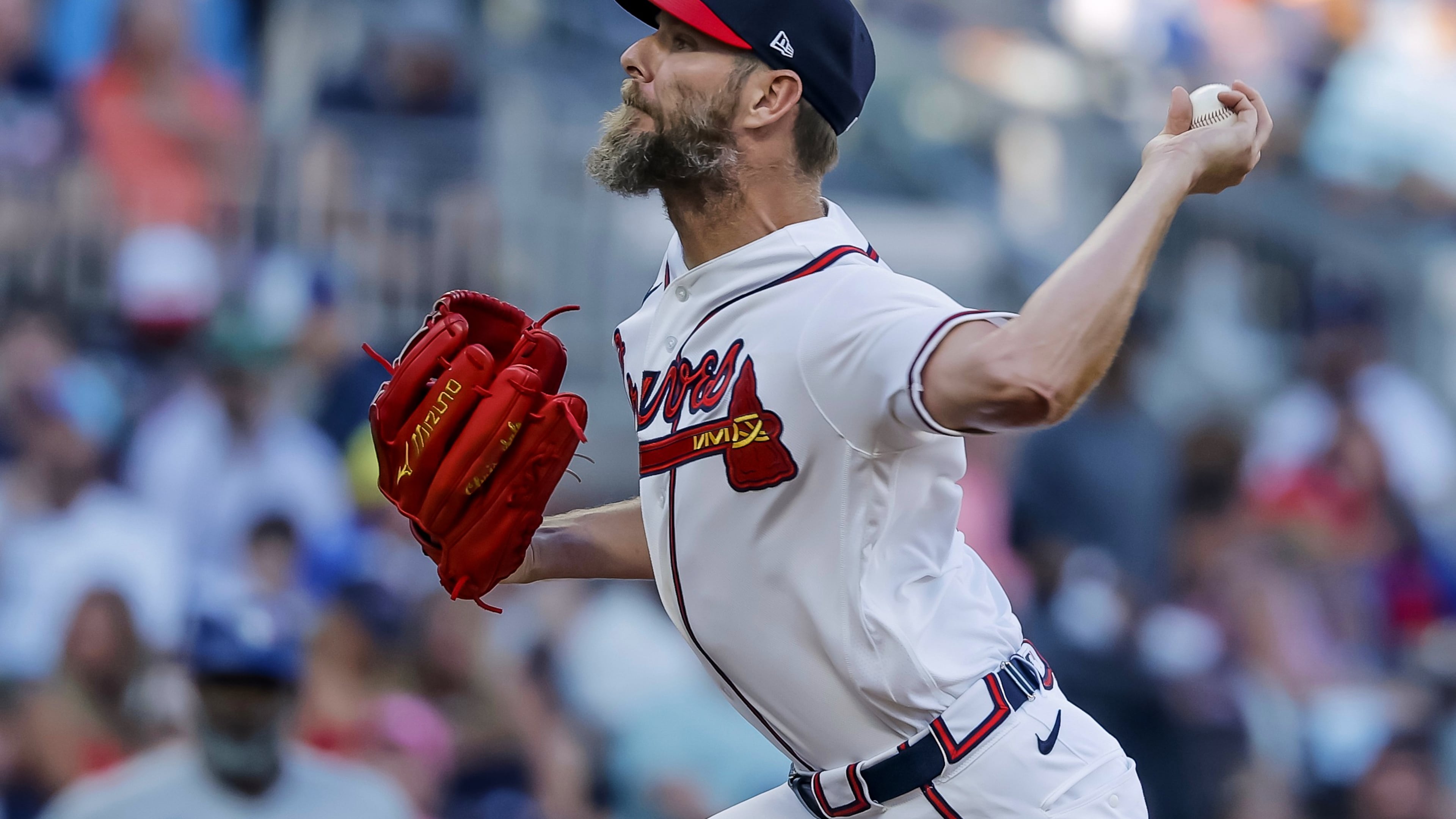 Atlanta Braves pitcher Chris Sale delivers to a Toronto Blue Jays batter during the first inning of a baseball game, Thursday, June 4, 2026, in Atlanta. (AP Photo/Erik S. Lesser)