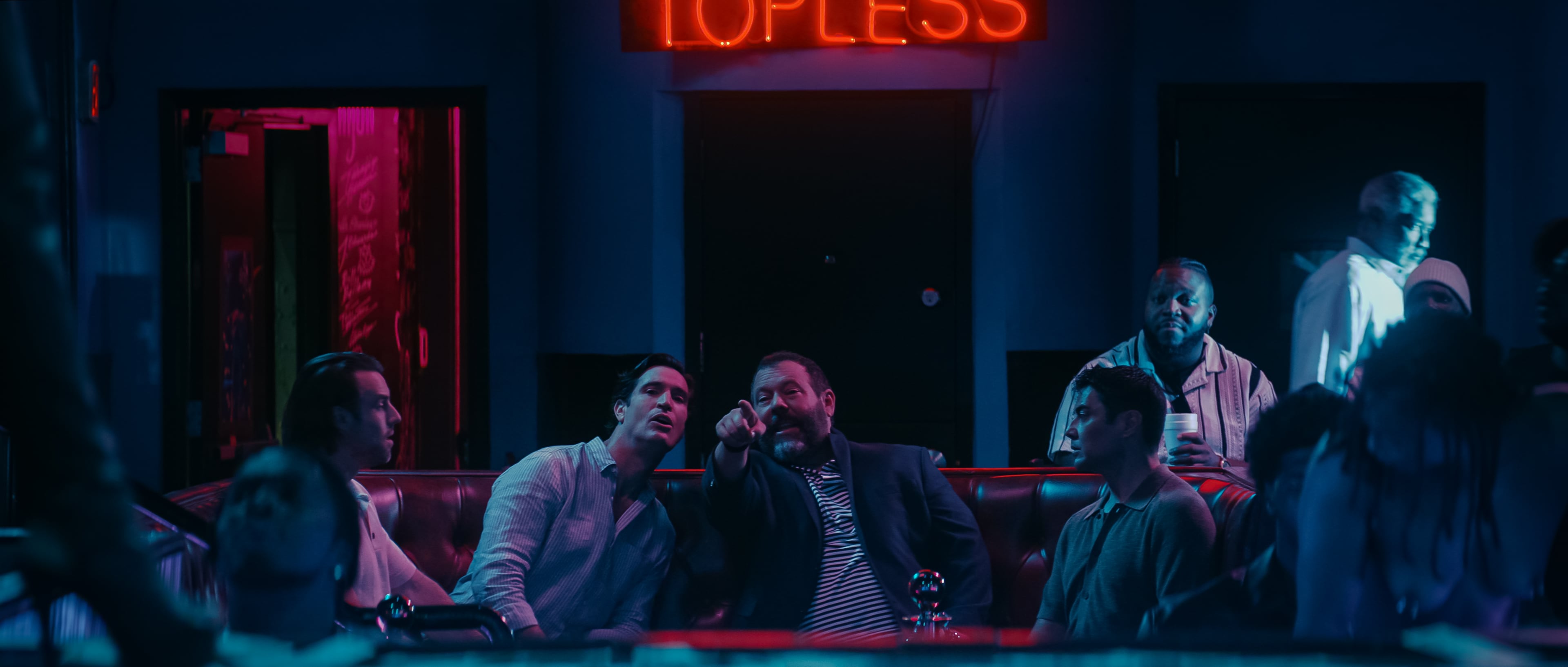 In "Free Bert" on Netflix at the famous strip club Magic City in Atlanta. (L-R) Chris Witaske as Landon Vanderthal, Matthew Del Negro as Randy Hotchkiss, Bert Kreischer as Bert and Noshir Dalal as Glen Magnussen in episode 105. (Courtesy of Netflix)