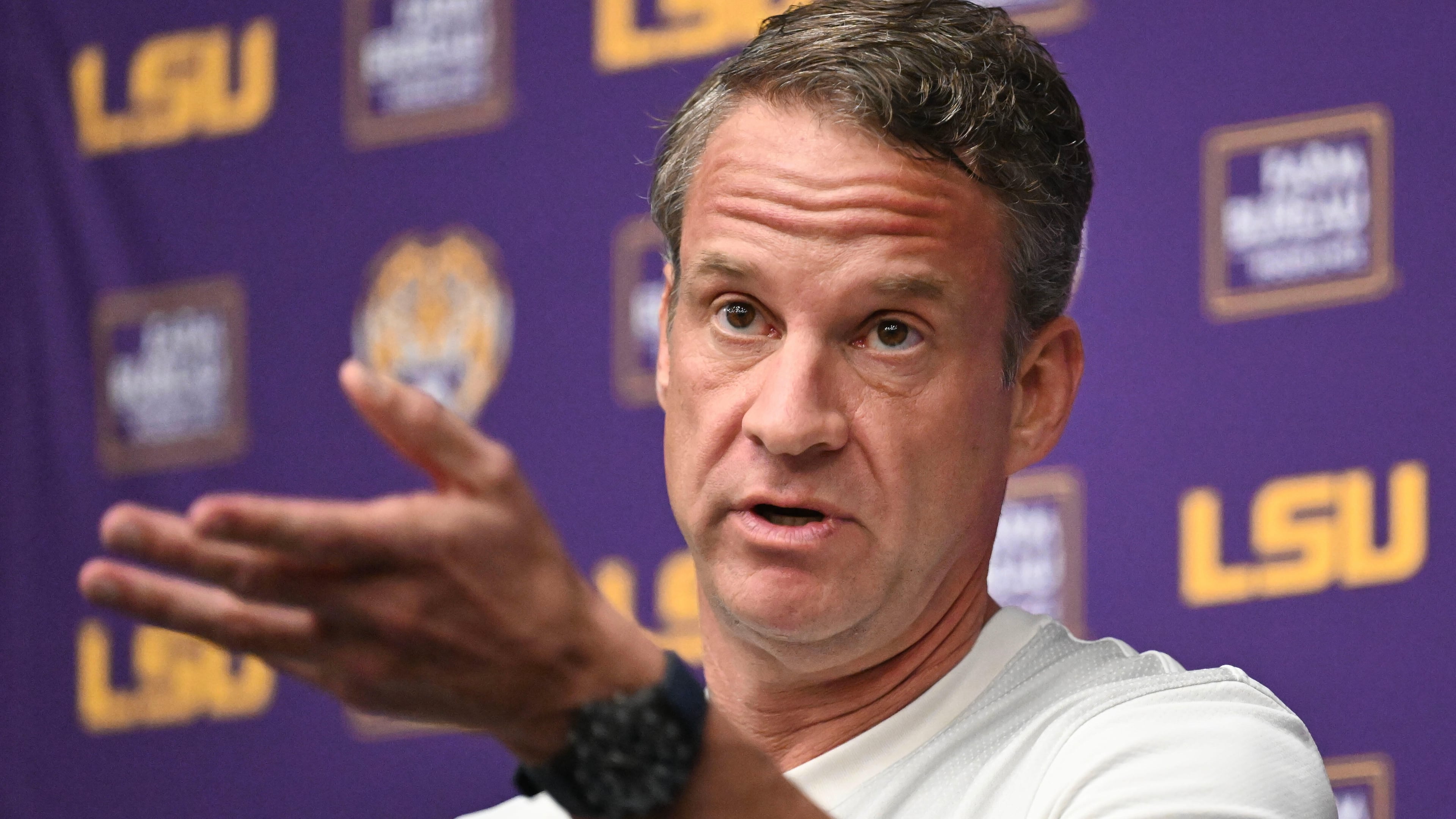 FILE - LSU football head coach Lane Kiffin speaks during a news conference at the LSU Football Operations Facility in Baton Rouge, La., Feb. 4, 2026. (Hilary Scheinuk/The Advocate via AP, File)