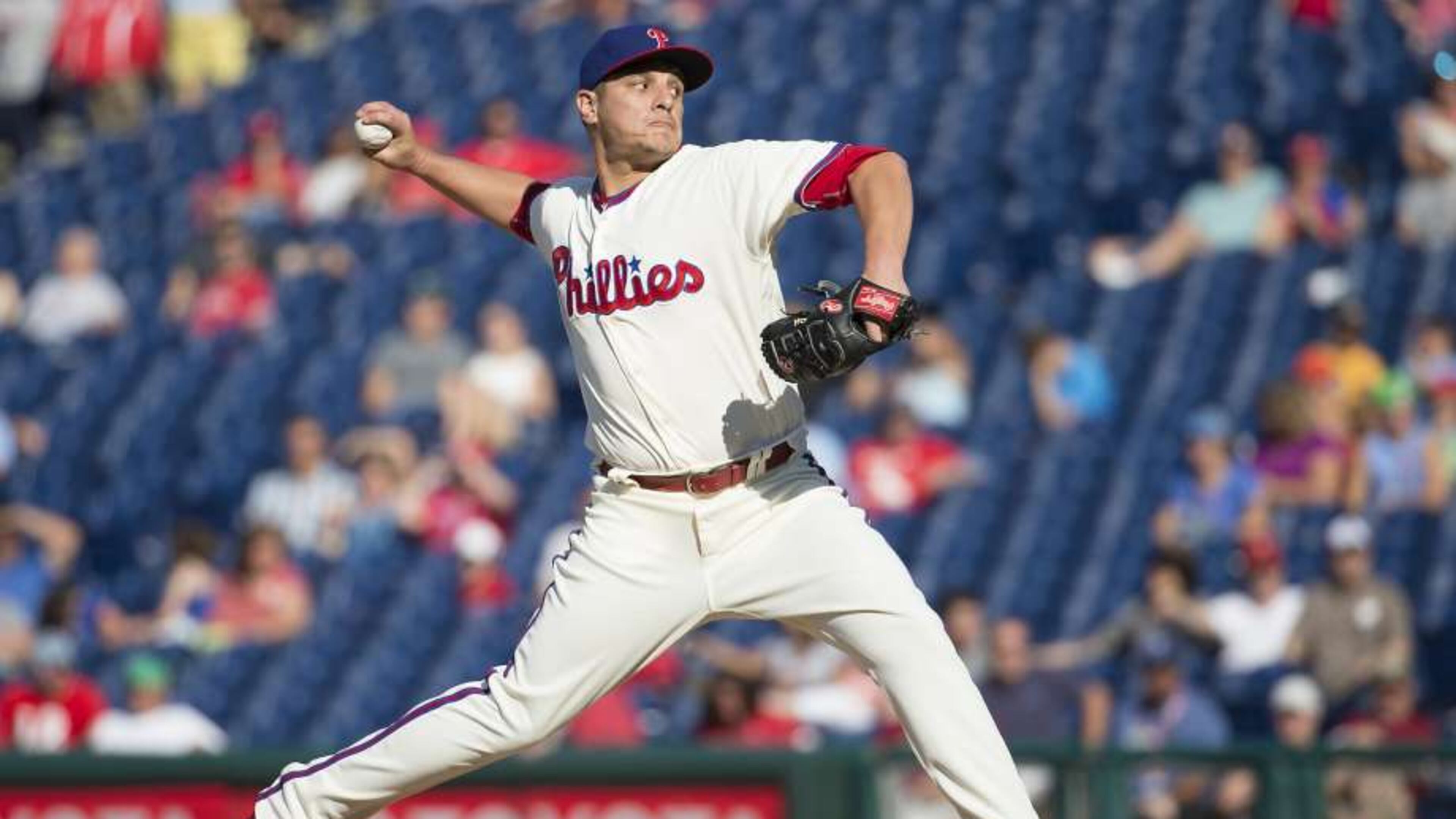 David Hernandez posted a 3.84 ERA in 70 appearances for the Phillies in 2016 and had 80 strikeouts in 72 2/3 innings. Here he delivers a pitch against the Braves in a Sept. 4 game. Hernandez signed a minor league deal with the Braves on Sunday. (AP photo)