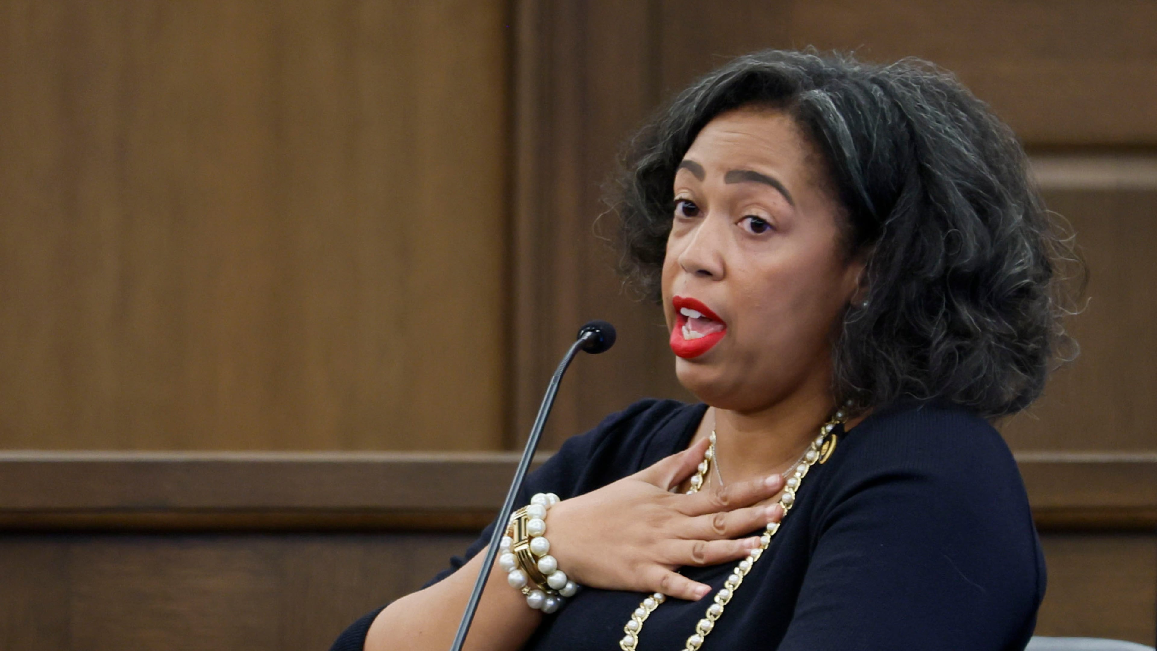 Fulton County Superior Court Judge Shermela Williams testifies in her May misconduct trial at the Nathan Deal Judicial Center in Atlanta. (Miguel Martinez/AJC)