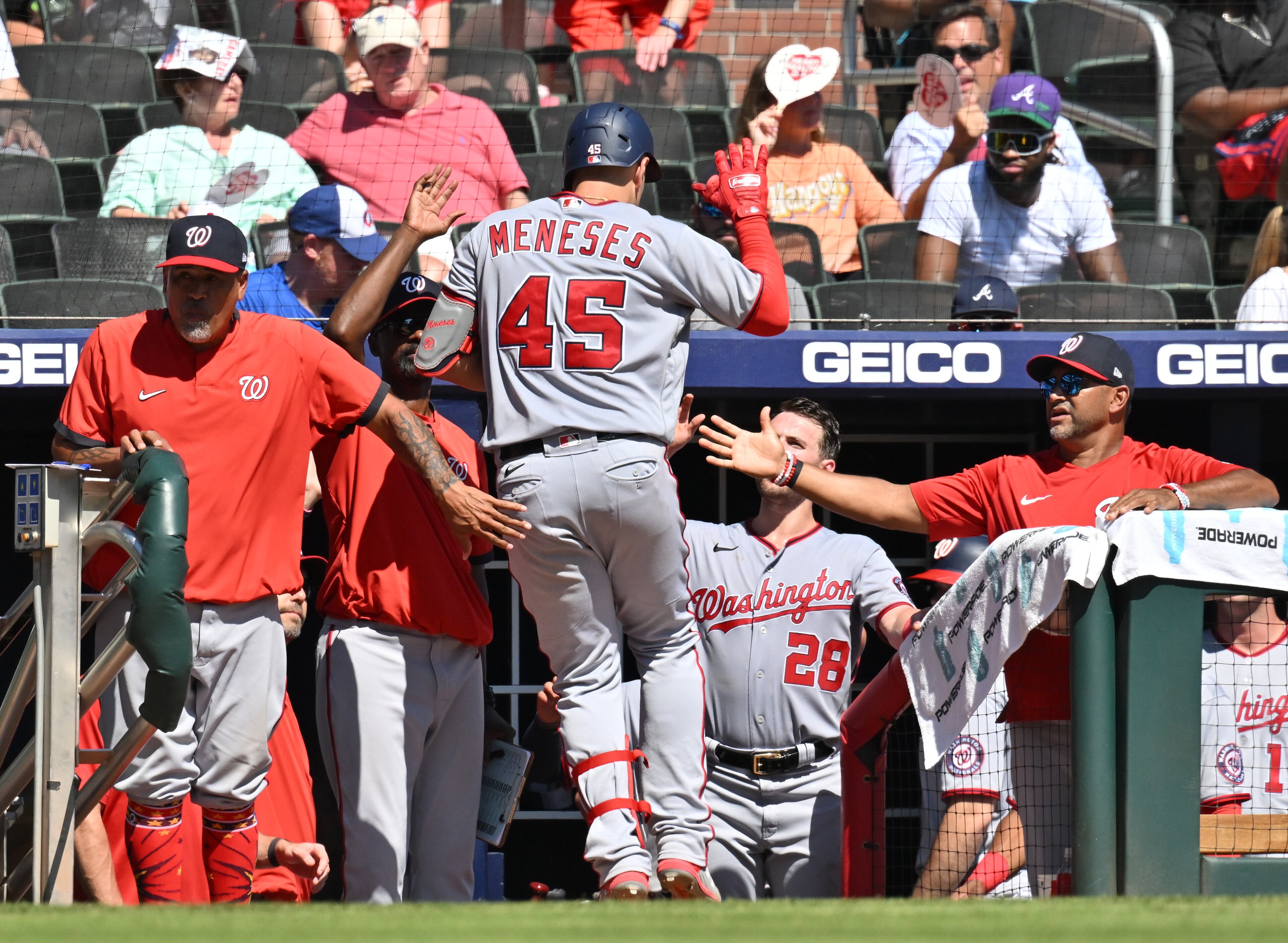 Washington Nationals' first baseman Joey Meneses (45) celebrates after hitting a two-run home run in the 7th inning. (Hyosub Shin / Hyosub.Shin@ajc.com)