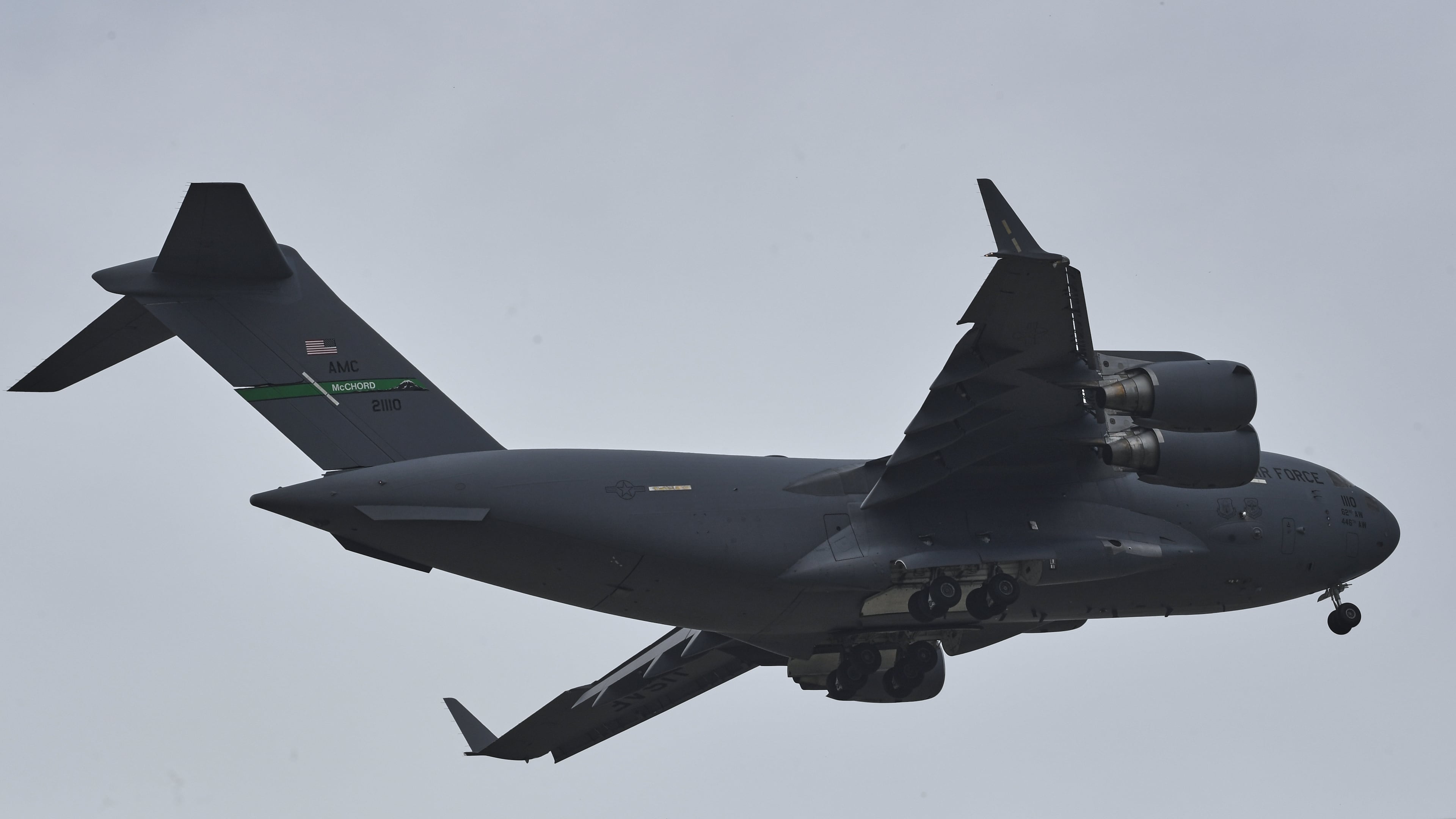 A U.S. Air Force Boeing C-17 Globemaster III transport aircraft prepares to land at Nur Khan airbase, ahead of second round of negotiations between the U.S. and Iran, in Rawalpindi, Pakistan, Monday, April 20, 2026. (AP Photo/Ehsan Shahzad)