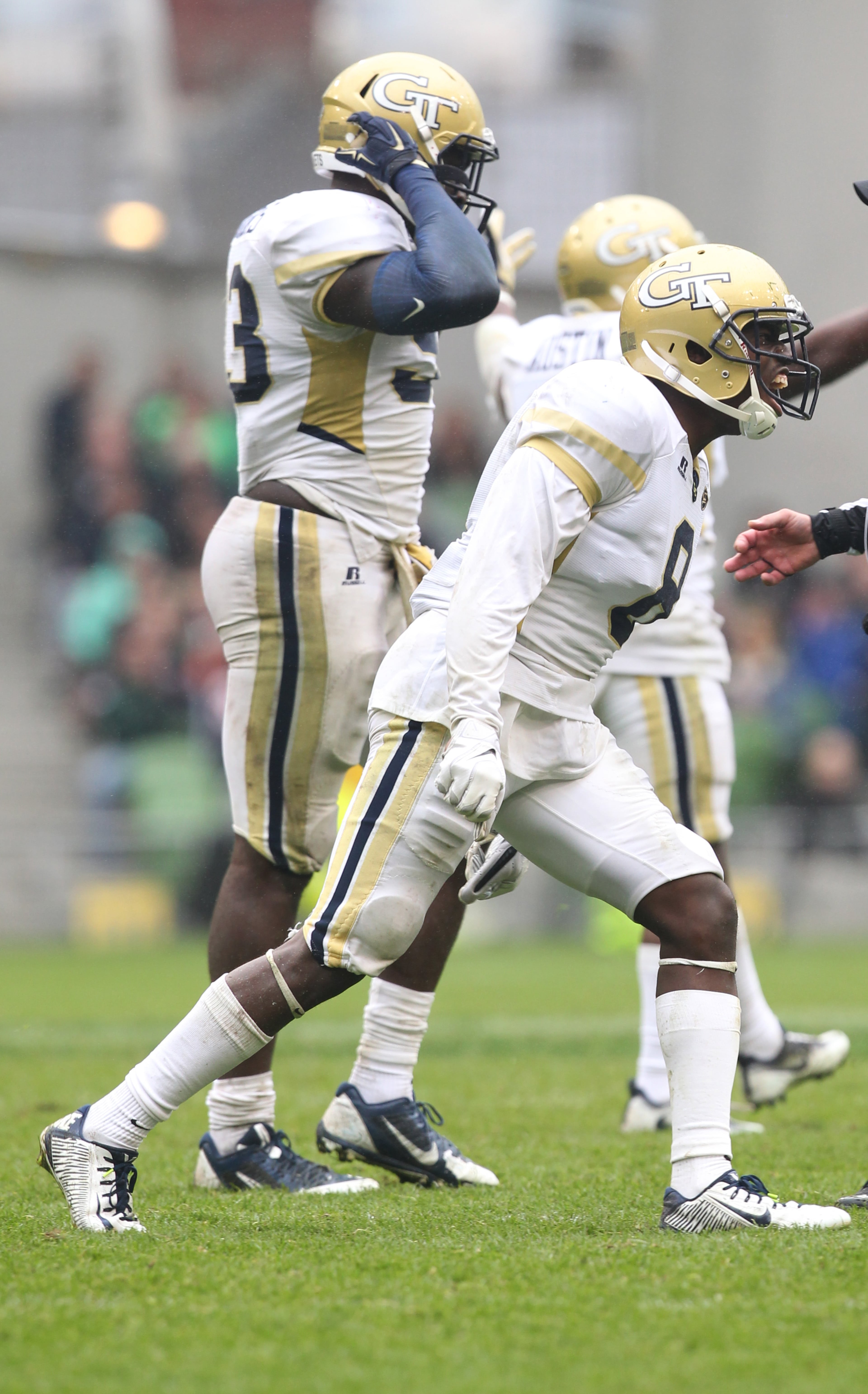 DUBLIN, IRELAND - SEPTEMBER 03: Step Durham of Georgia Tech celebrates victory over Boston College in the Aer Lingus College Football Classic Ireland 2016 at Aviva Stadium on September 3, 2016 in Dublin, Ireland. (Photo by Patrick Bolger/Getty Images)