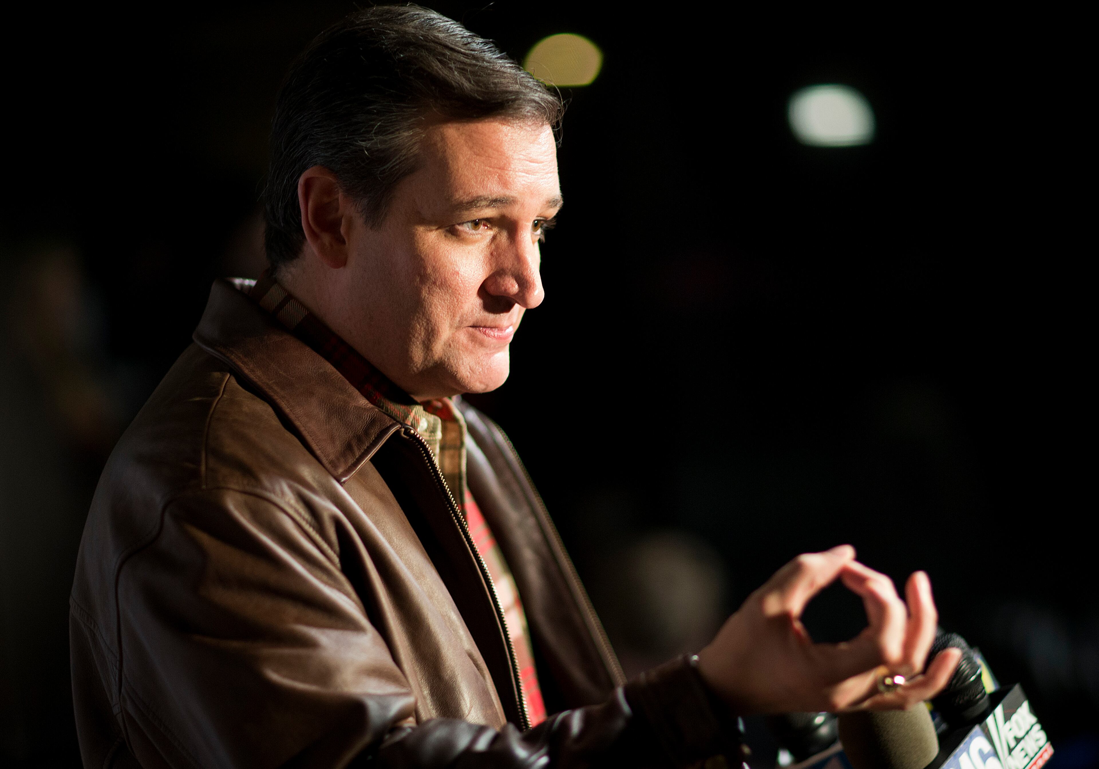 Republican presidential candidate, Sen. Ted Cruz, R-Texas, speaks to the media before taking the stage for a campaign event Friday, Dec. 18, 2015, in Kennesaw, Ga. (AP Photo/David Goldman)