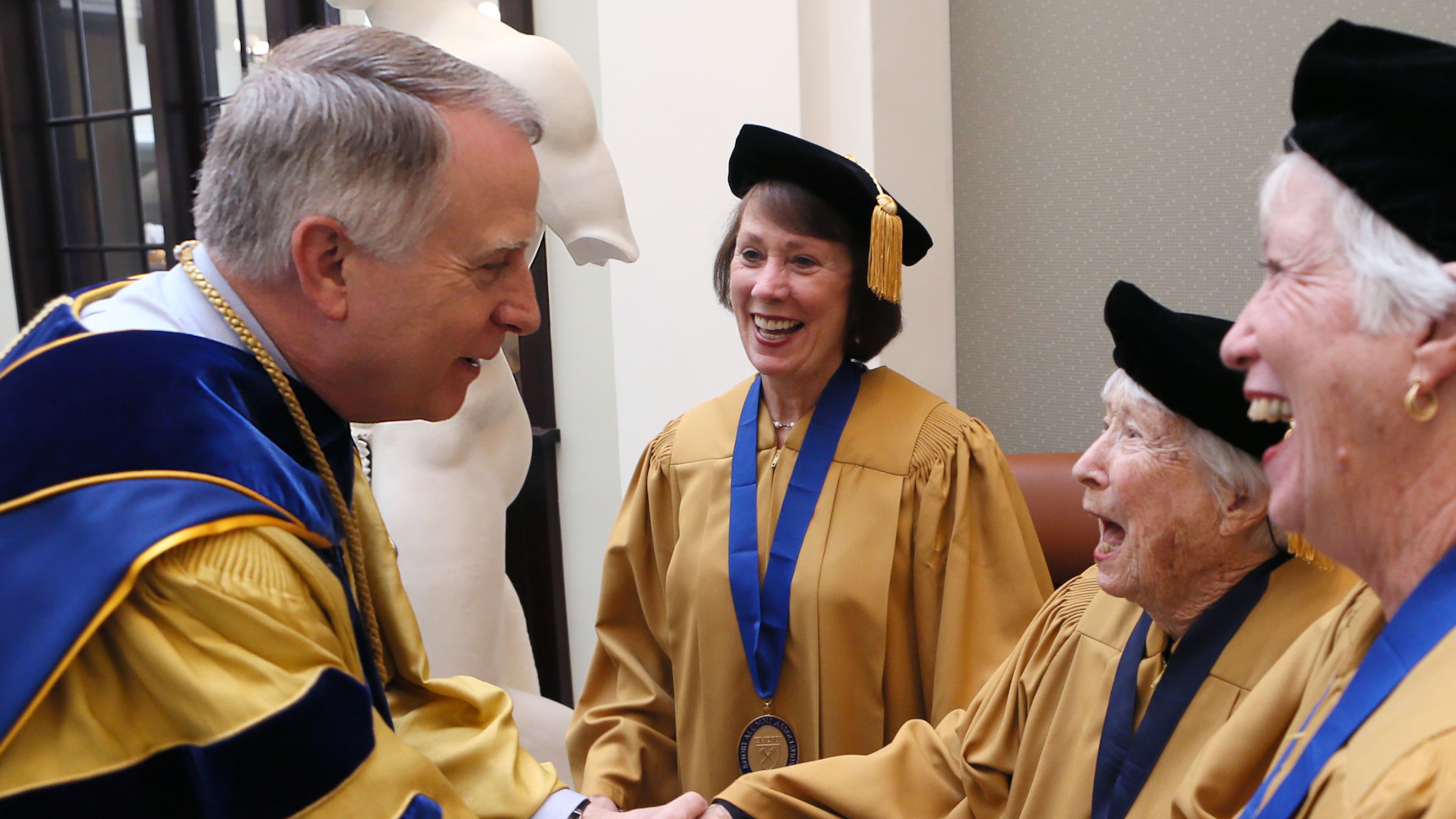 May 9, 2016 - Dekalb County - During the hour before commencement began, President Wagner greeted members of the Corpus Cordis Aureum, alumni who graduated 50 years ago or more, including Anne Dunivin (center), who turns 100 in October and her daughters Barbara Dunivin Garrett (left), and Virginia Dunivin Merritt, who all graduated from Emory. Monday was the final commencement for outgoing Emory University President James Wagner, who leaves the institution this summer after 13 years leading the internationally-known institution. Emory University's Class of 2016 includes more than 4,500 students representing 49 states and 76 countries. BOB ANDRES / BANDRES@AJC.COM