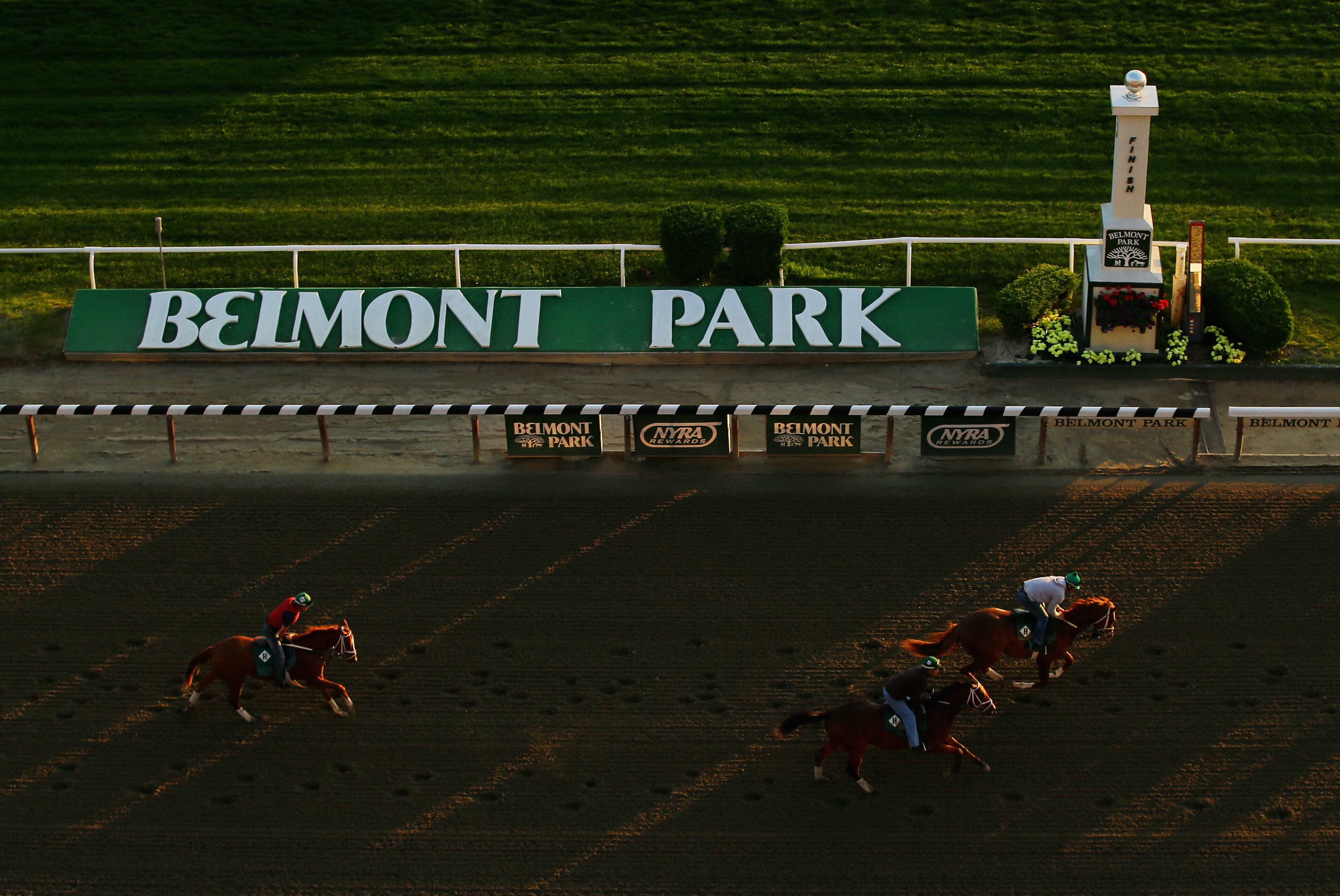 ELMONT, NY - JUNE 06: A general view of horses and exercise riders training on the main track at Belmont Park on June 6, 2014 in Elmont, New York (Photo by Al Bello/Getty Images)