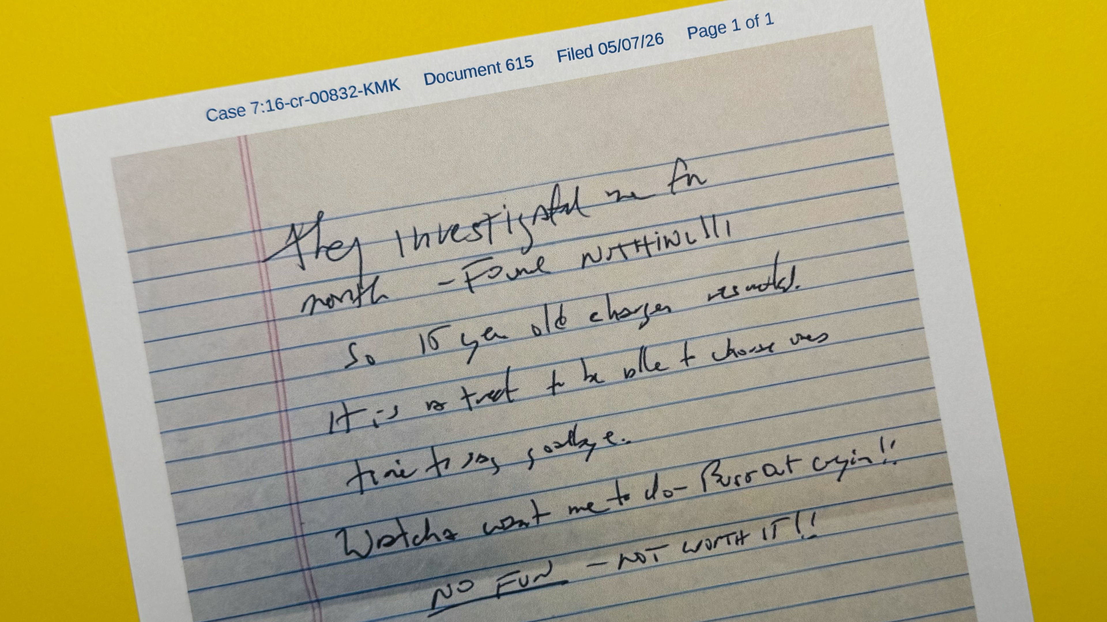 This document released May 6, 2026, by the U.S. District Court for the Southern District of New York, shows a note that Jeffrey Epstein's former cellmate said he found after Epstein's reported suicide attempt on July 23, 2019. (AP Photo/Jon Elswick)