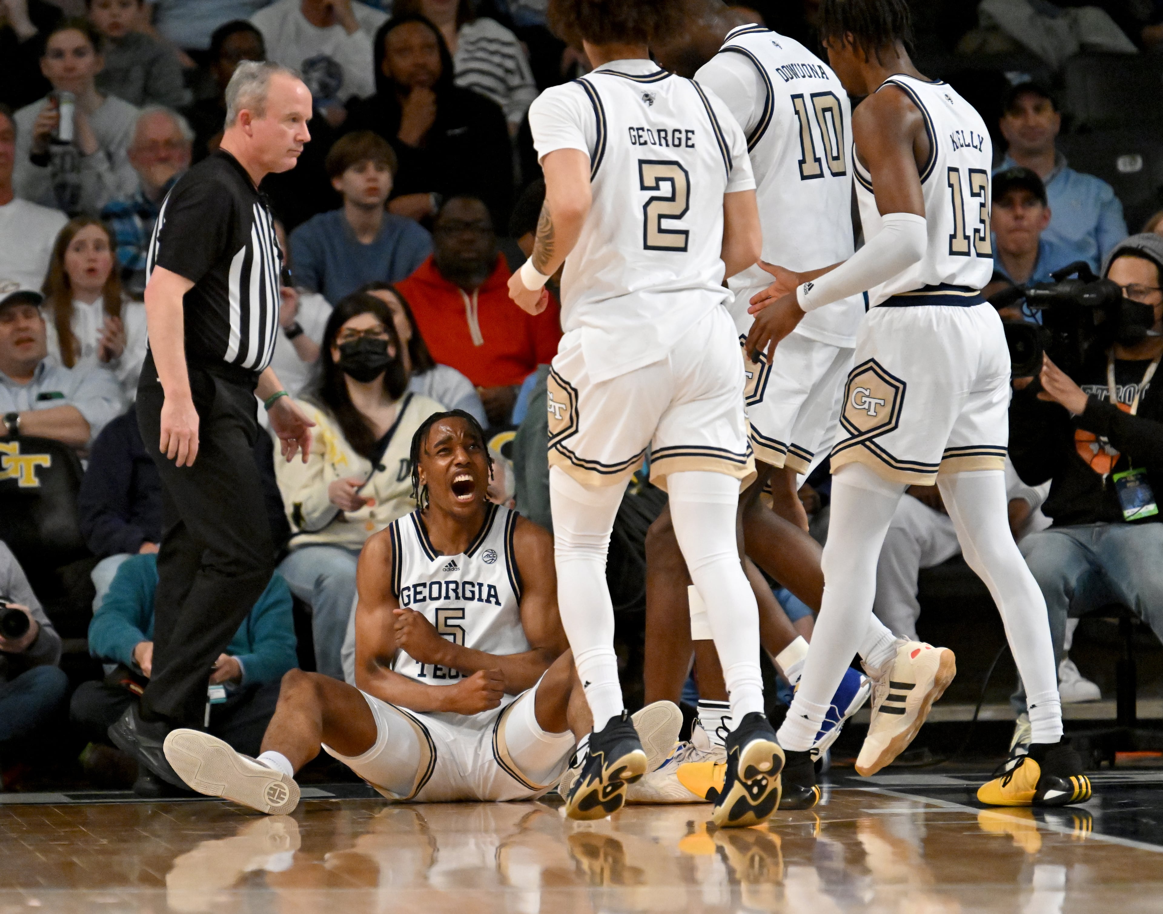 Georgia Tech forward Tafara Gapare (5) reacts after being fouled during the first half of an NCAA college basketball game at Georgia Tech’s McCamish Pavilion, Tuesday, January 30, 2024, in Atlanta. Tech won 74-73. (Hyosub Shin / Hyosub.Shin@ajc.com)
