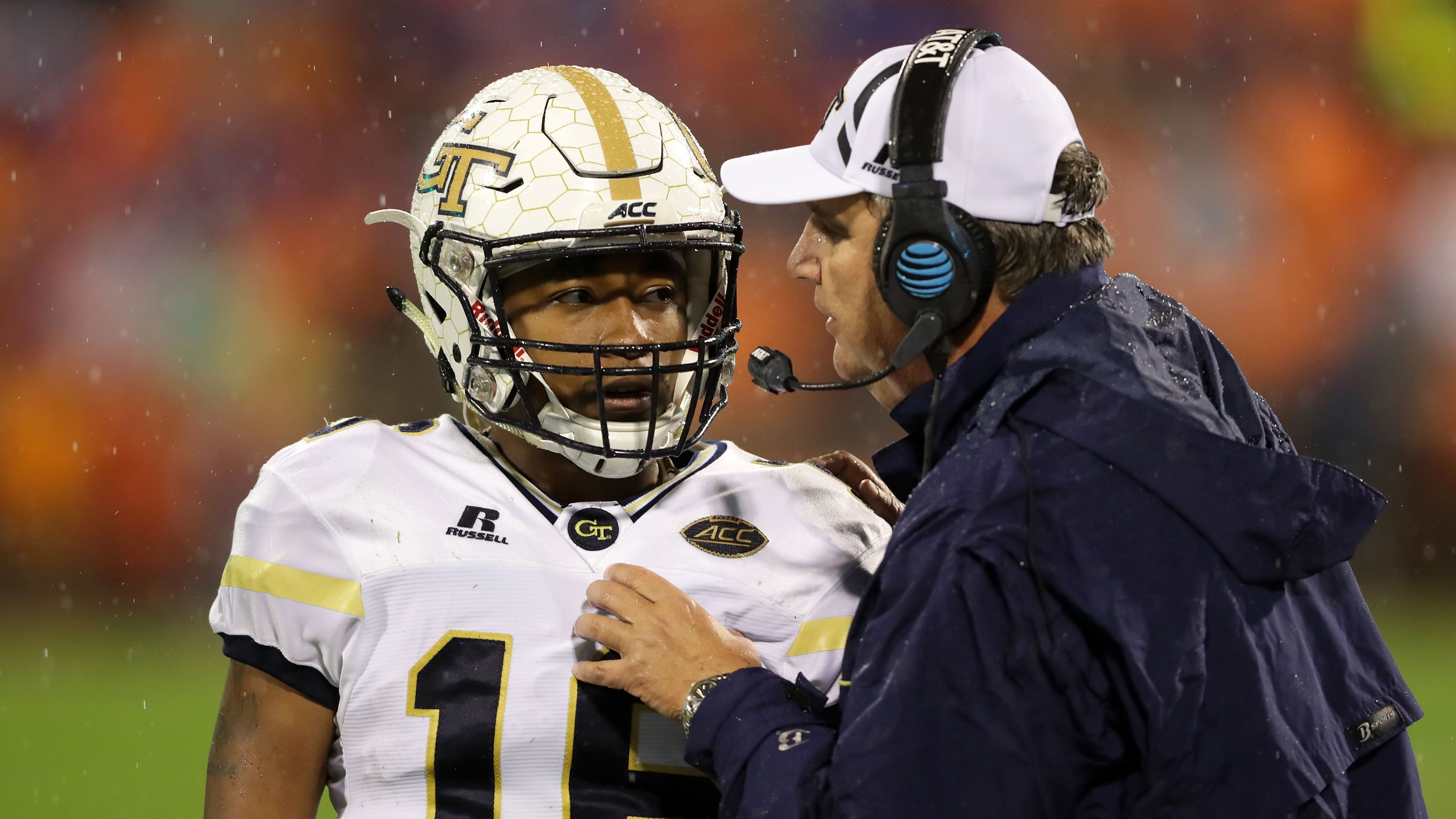 TaQuon Marshall talks to his head coach Paul Johnson of the Georgia Tech Yellow Jackets during their game against the Clemson Tigers at Memorial Stadium on October 28, 2017 in Clemson, South Carolina. (Photo by Streeter Lecka/Getty Images)