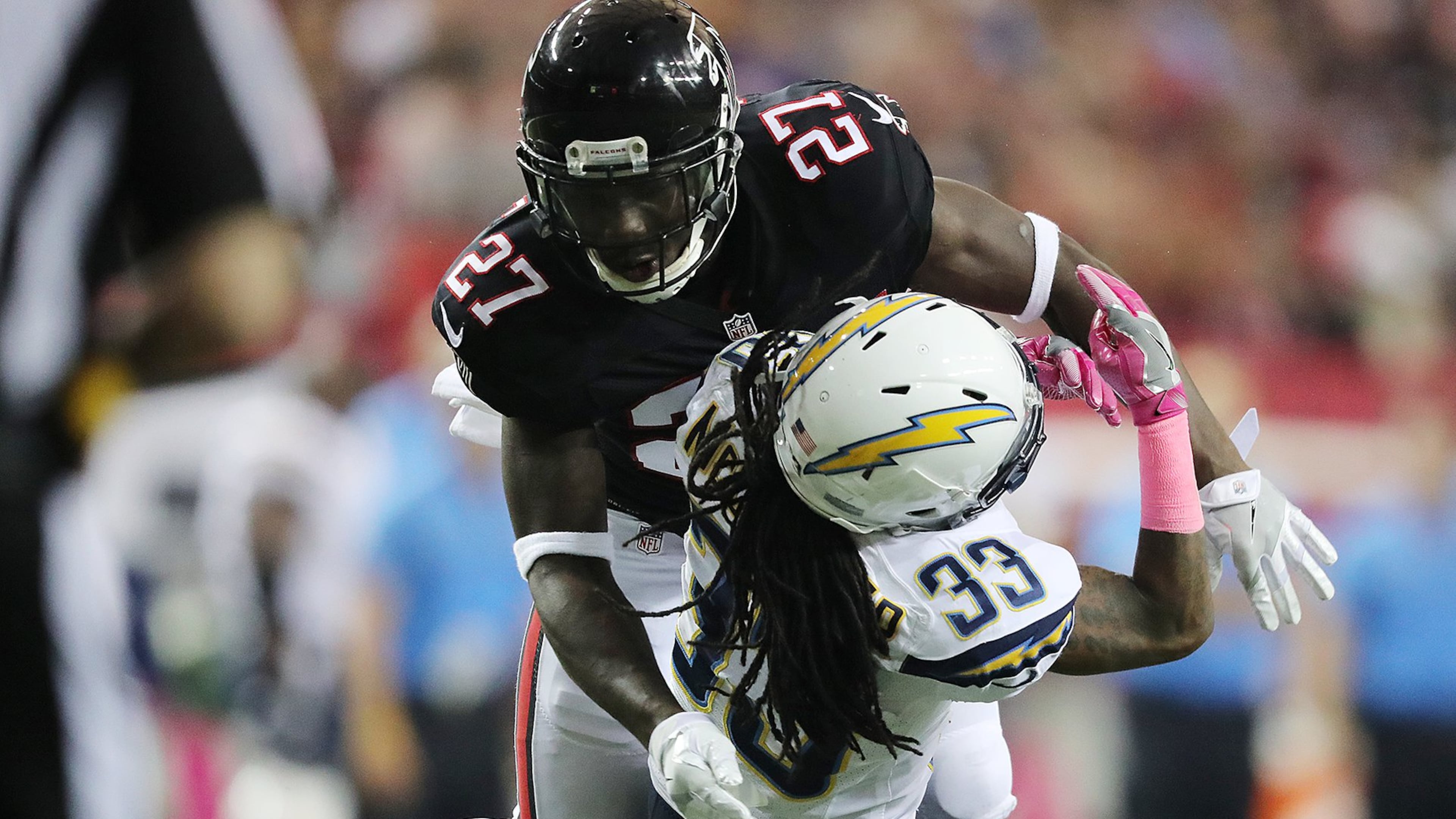 October 23, 2016 Atlanta: Falcons safety Robenson Therezie is called for a 15-yard penalty as he levels Chargers Dexter McCluster on a kickoff in an NFL football game on Sunday, Oct. 23, 2016, in Atlanta. Curtis Compton /ccompton@ajc.com