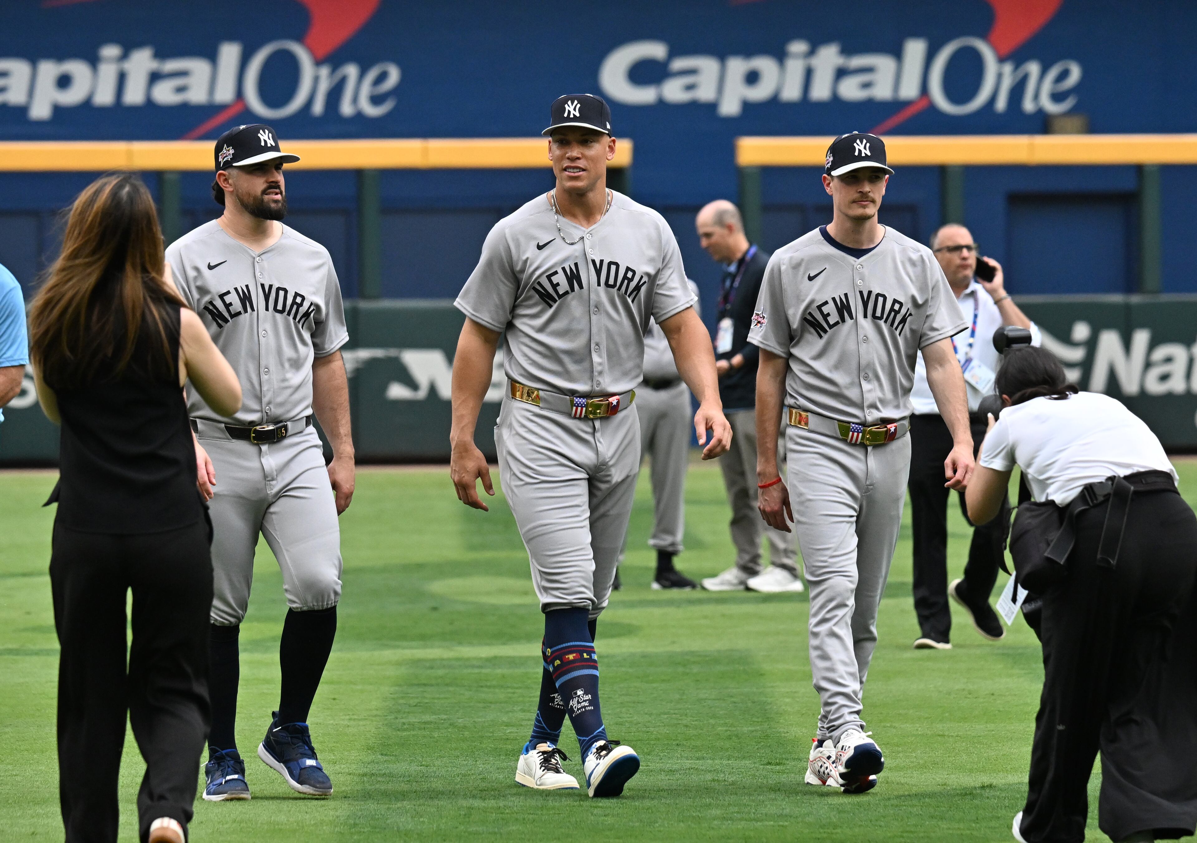 New York Yankees (from left) Carlos Rodón, Aaron Judge and Max Fried walk onto the field before the 2025 MLB All-Star Game at Truist Park, Tuesday, July 15, 2025, in Atlanta. (Hyosub Shin/AJC)