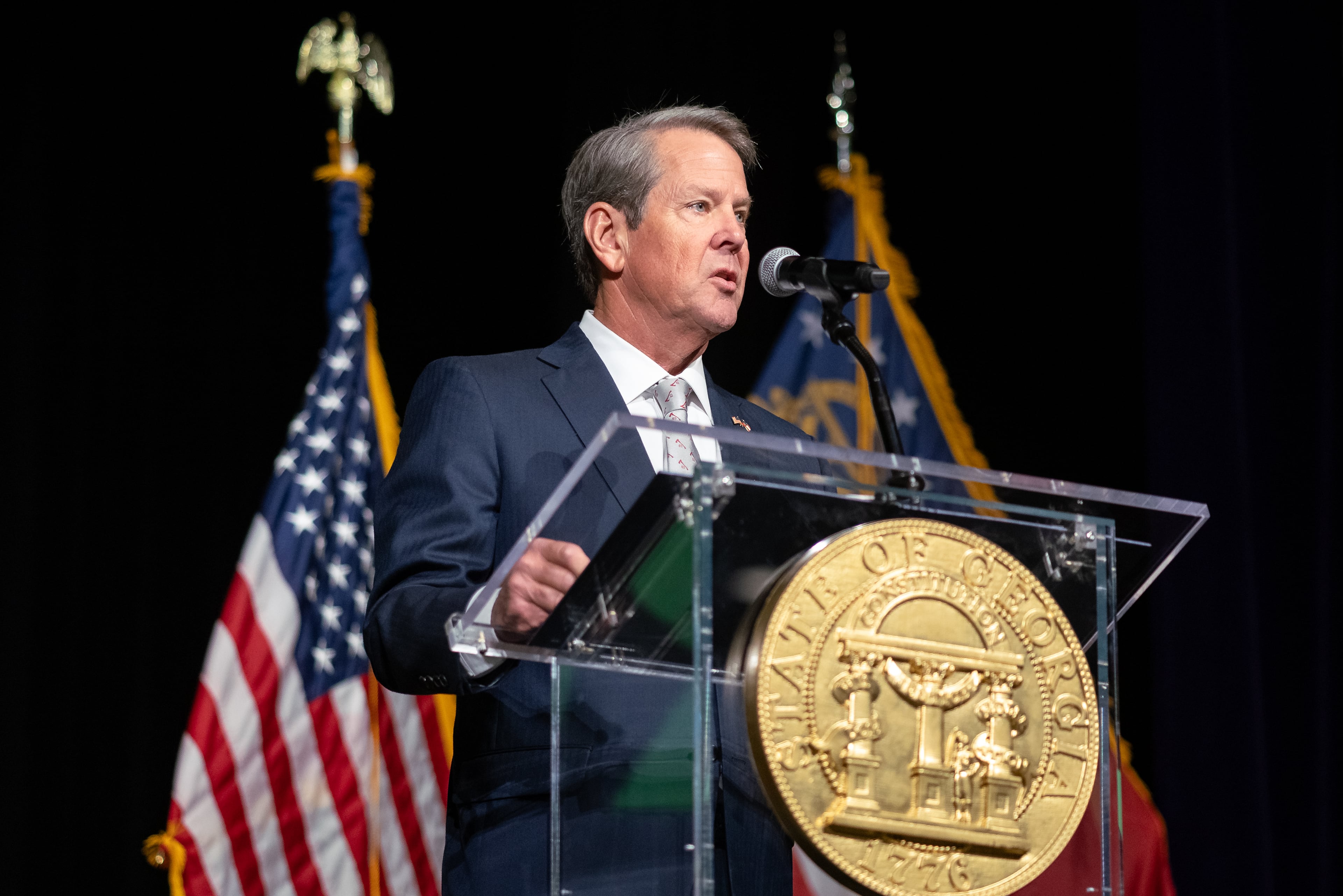 Gov. Brian Kemp gives the keynote address during the Governor’s Workforce Summit held at the Georgia World Congress Center on Friday, Sept. 13, 2024. (Ben Hendren for the AJC)