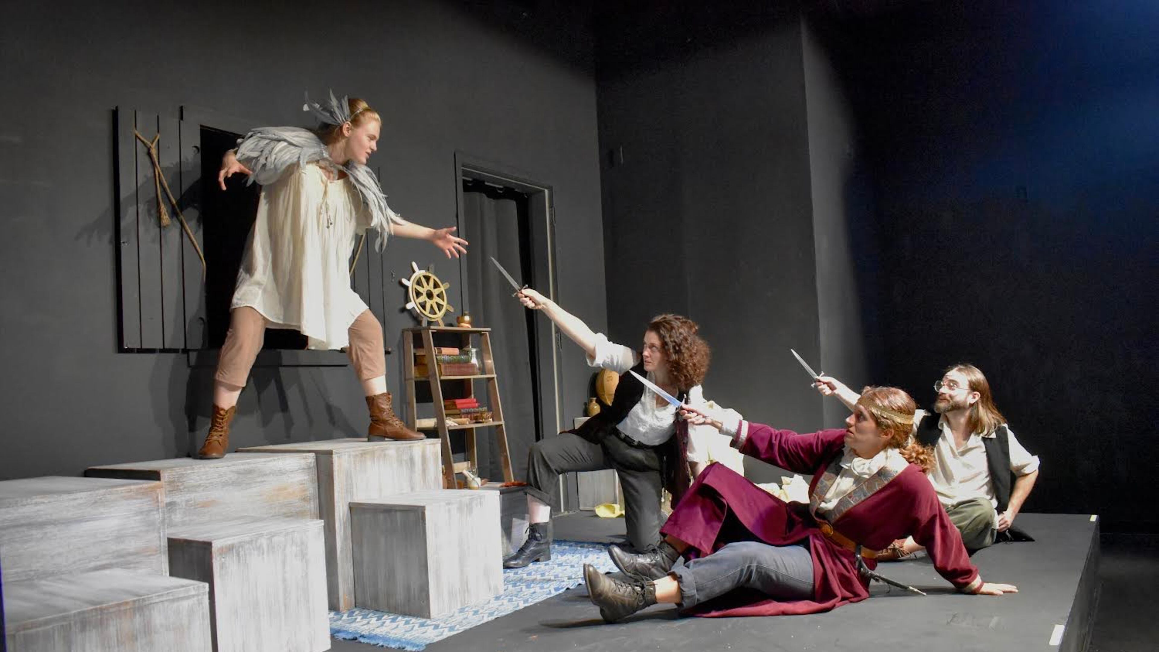 From left, Ariel (Teeq Hill) enchants Milanese nobles (Anna Fontaine, Evan Fields and Hannah Pniewski) who are shipwrecked on an island. Photos: Lyssa Hoganson