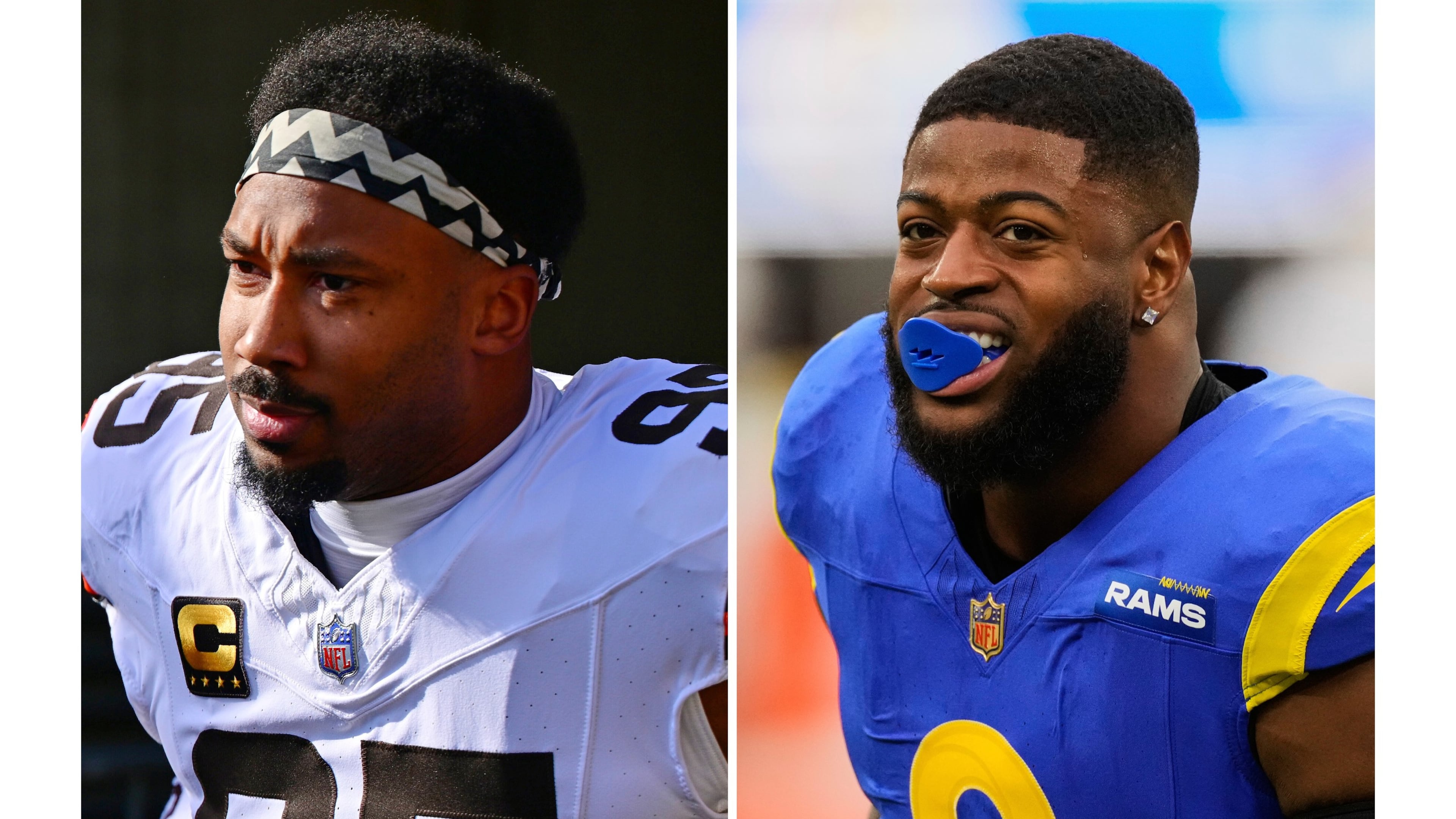 FILE - This photo combination shows Cleveland Browns defensive end Myles Garrett, left, in Cincinnati, Jan. 4, 2026, and Los Angeles Rams linebacker Jared Verse, Jan. 4, 2026, in Inglewood, Calif. (AP Photo/David Dermer, Mark J. Terrill)