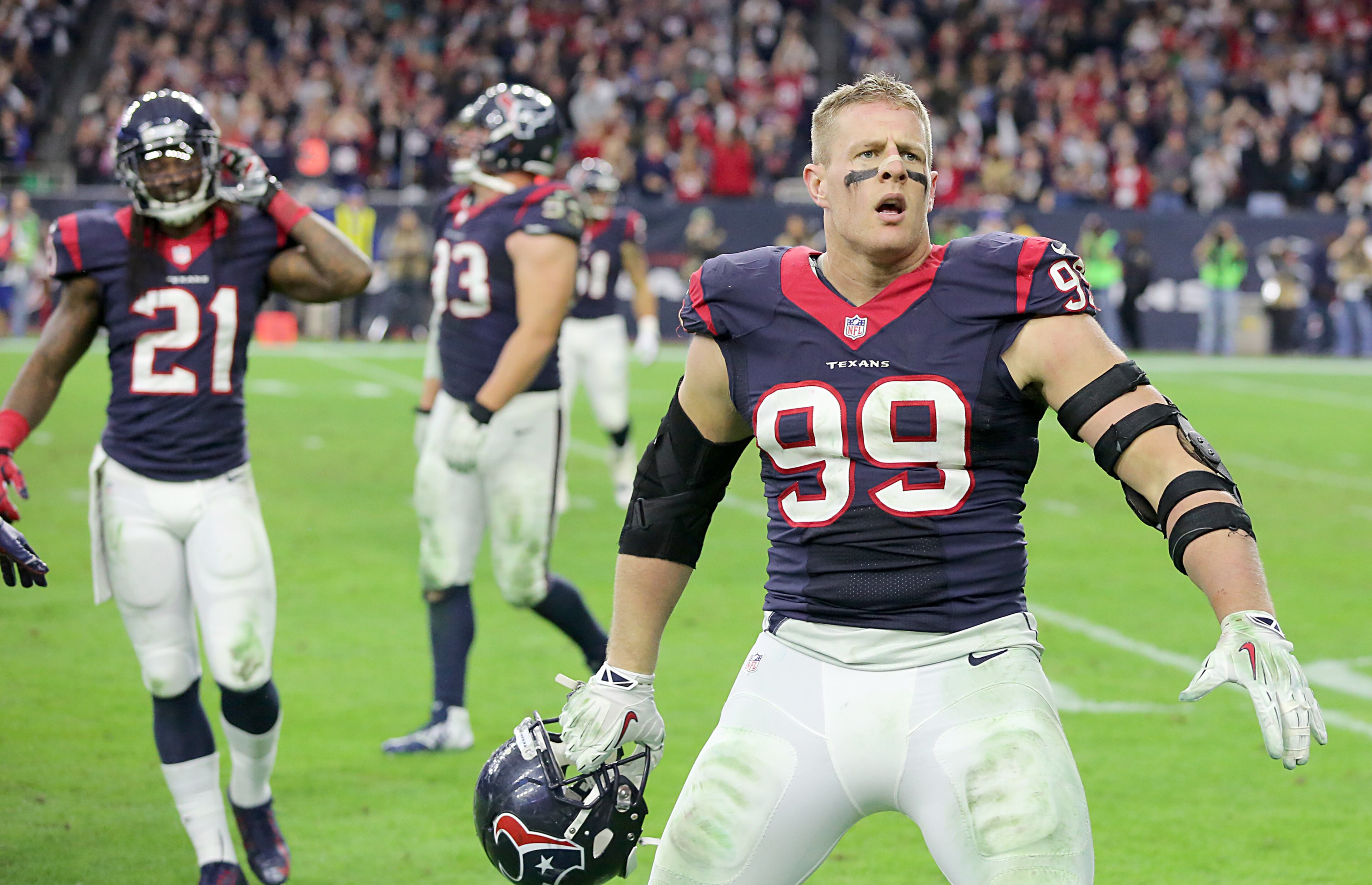 J.J. Watt #99 of the Houston Texans celebrates his sack against Blake Bortles #5 of the Jacksonville Jaguars.(Photo by Thomas B. Shea/Getty Images)