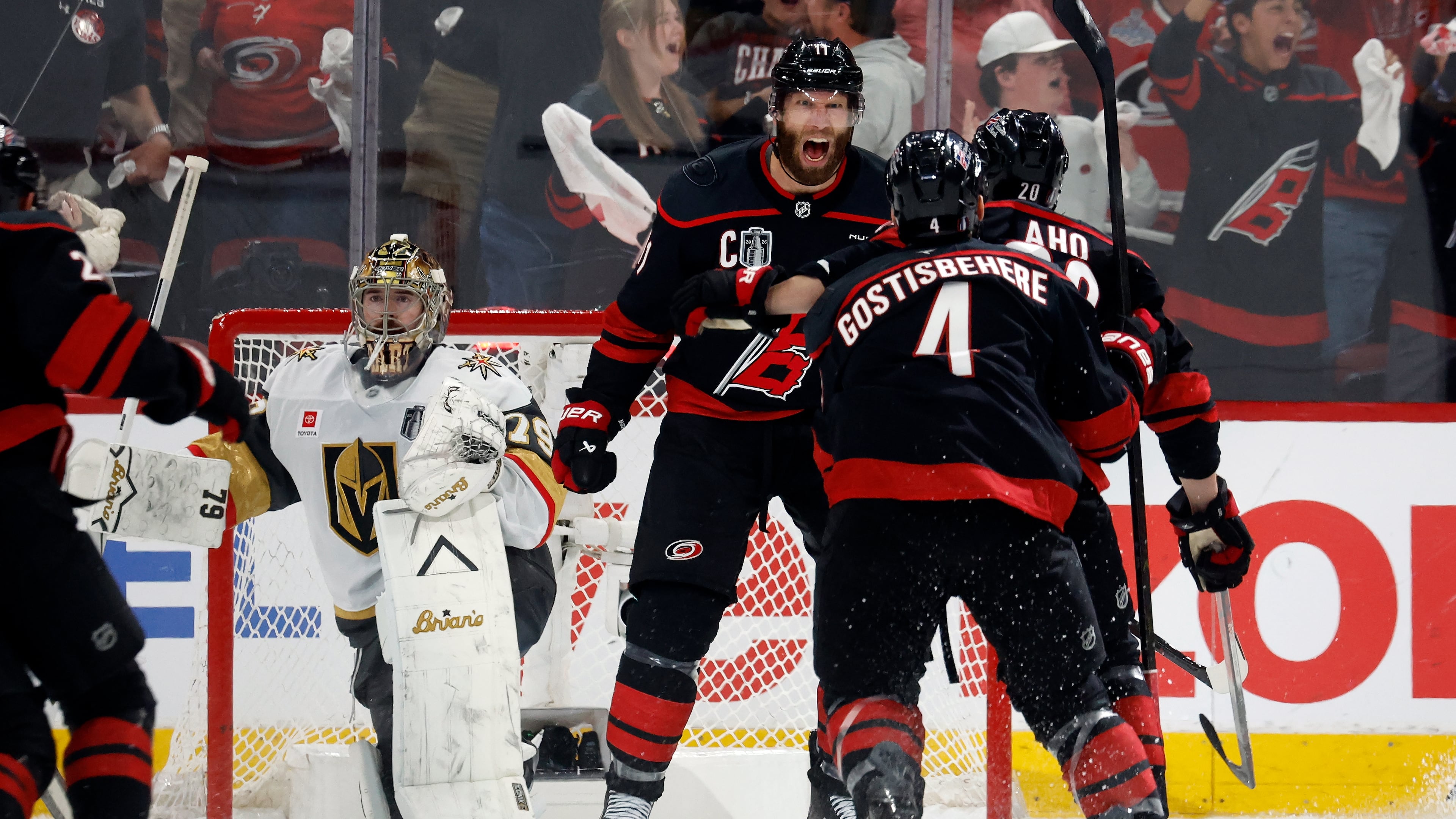 Carolina Hurricanes' Jordan Staal (11) celebrates after his goal against Vegas Golden Knights goaltender Carter Hart (79) during the third period in Game 2 of the NHL hockey Stanley Cup Final series in Raleigh, N.C., Thursday, June 4, 2026. (AP Photo/Karl DeBlaker)