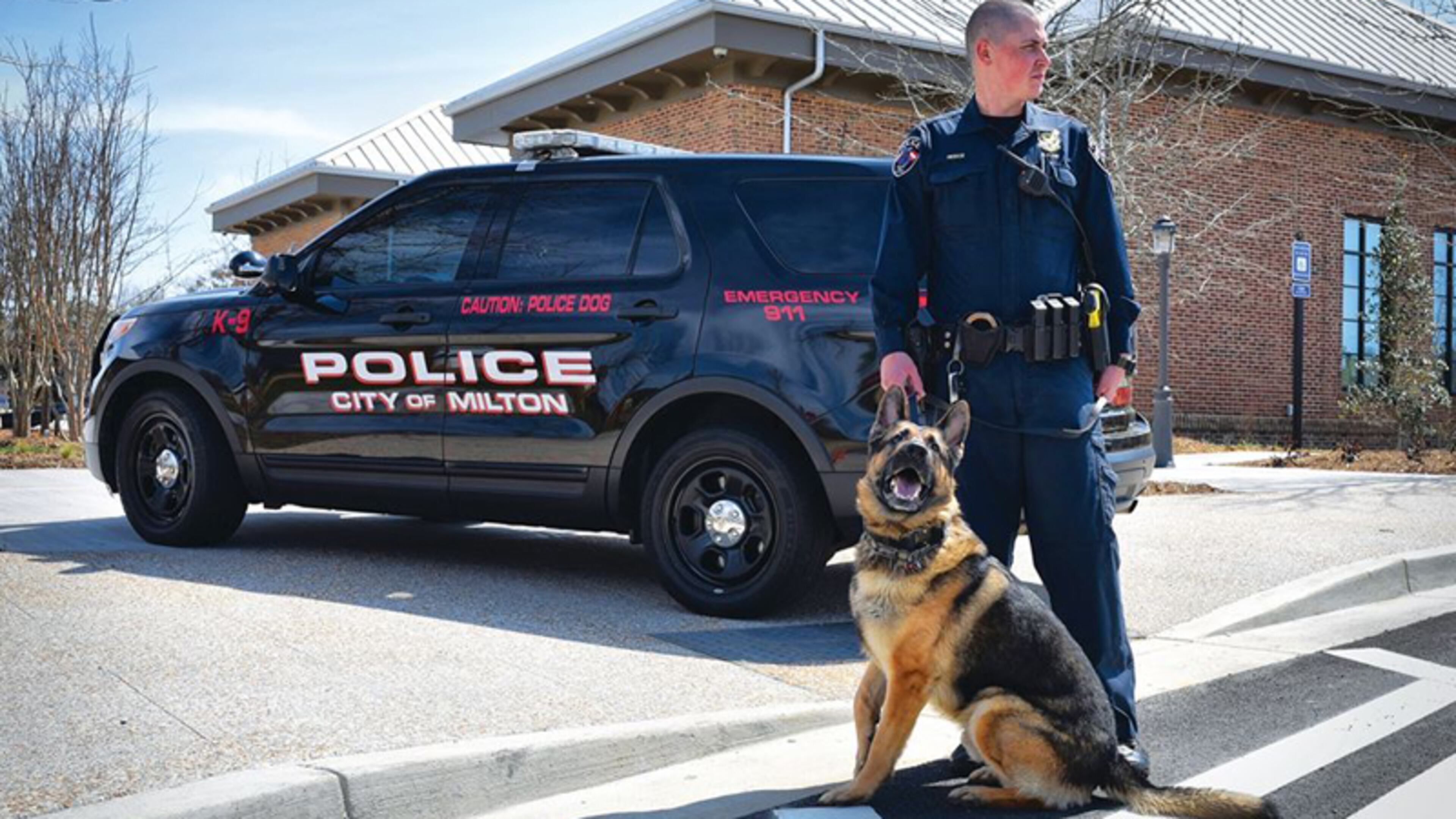Milton police K9 “Kyro” with his handler, Officer Joshua Reece, in August 2019. The Milton City Council has approved retiring Kyro and selling him to Reece. MILTON POLICE DEPARTMENT via Facebook