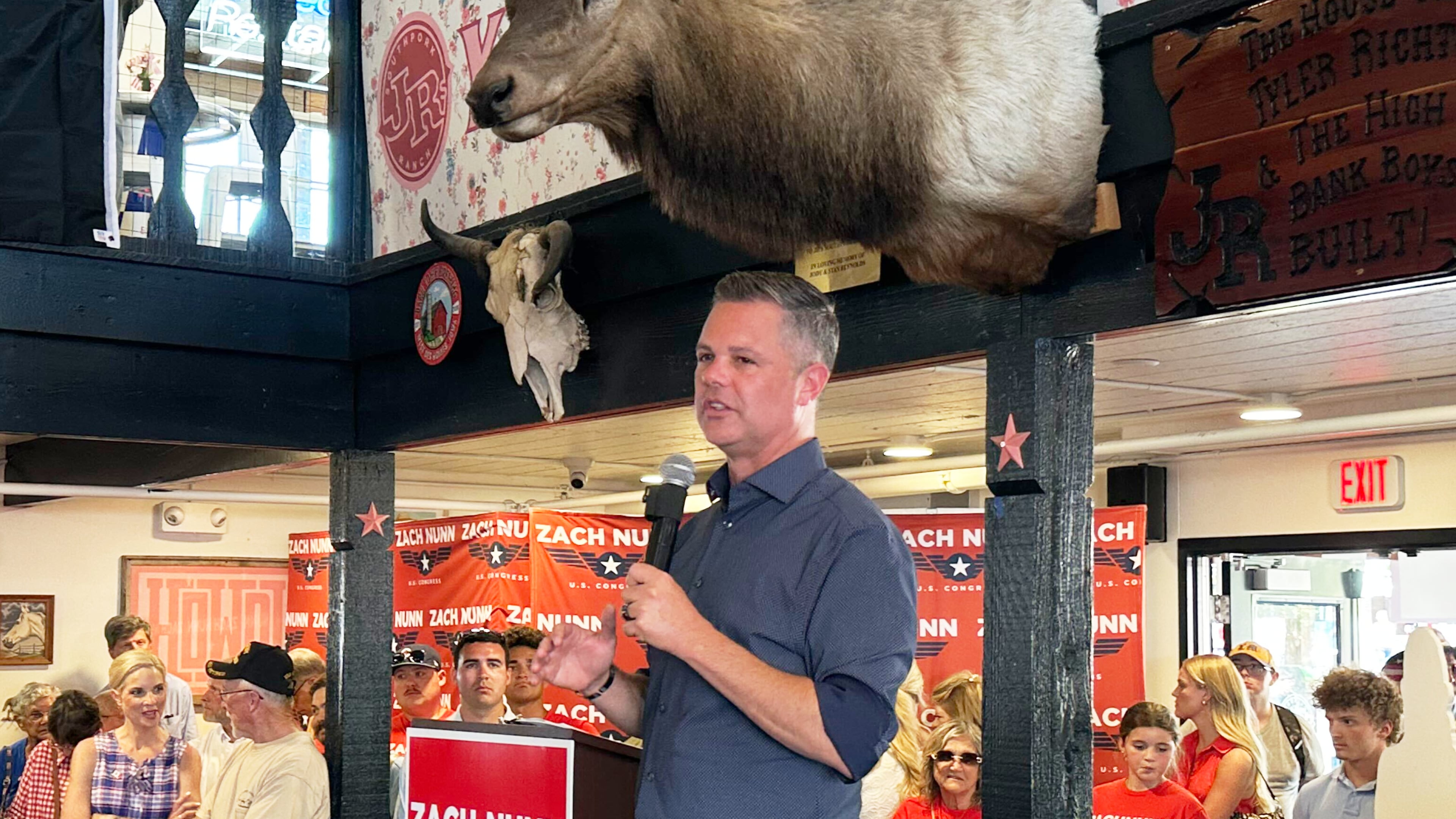 U.S. Rep. Zach Nunn, R-Iowa, speaks at a campaign event Monday, Aug. 17, 2026, at the Iowa State Fair in Des Moines, Iowa. (AP Photo/Hannah Fingerhut)