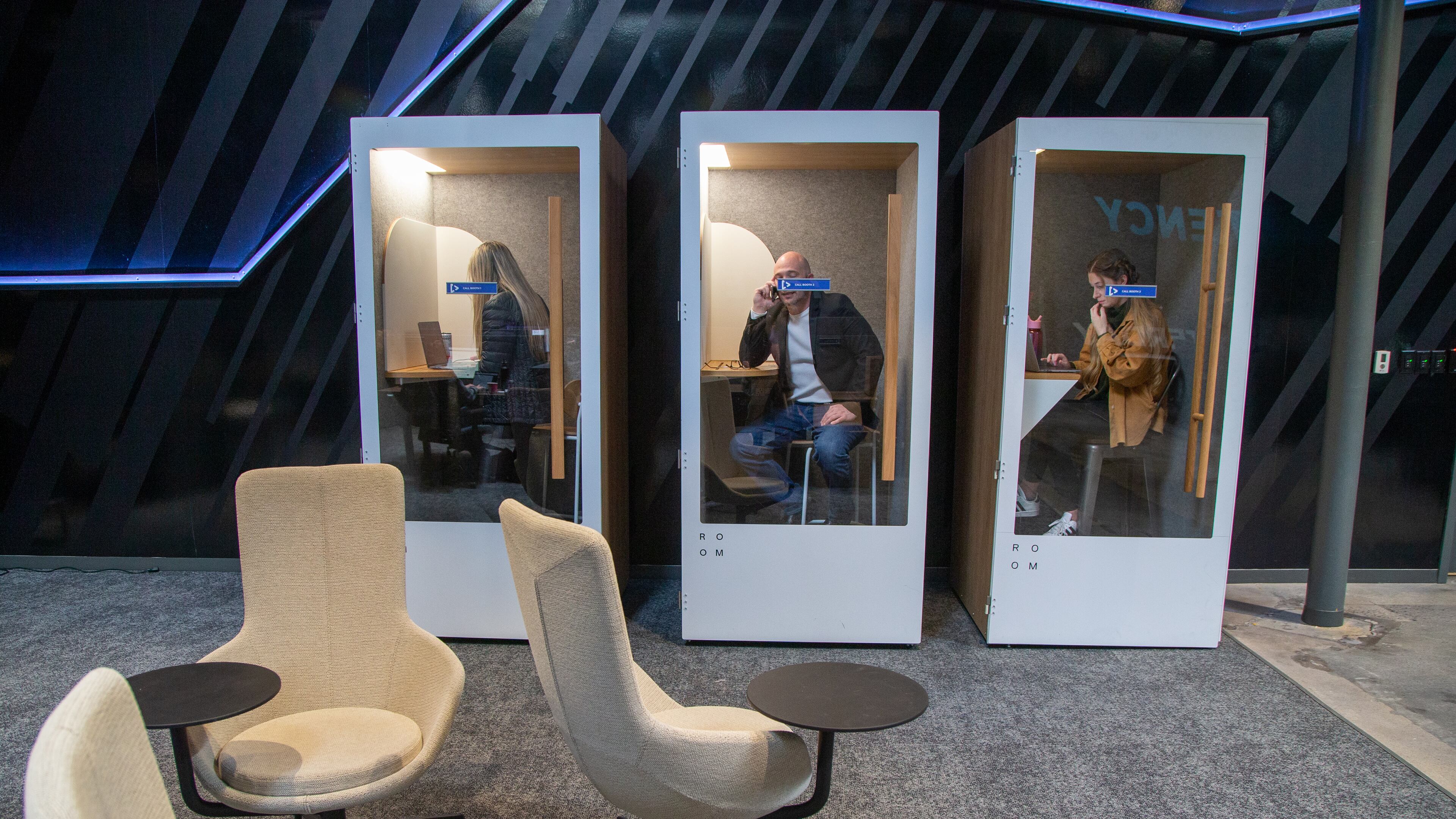 Employee can used booth for quiet conversations & other work at Crisp, Inc. in Atlanta. For the Top Workplace small company category. PHIL SKINNER FOR THE ATLANTA JOURNAL-CONSTITUTION.