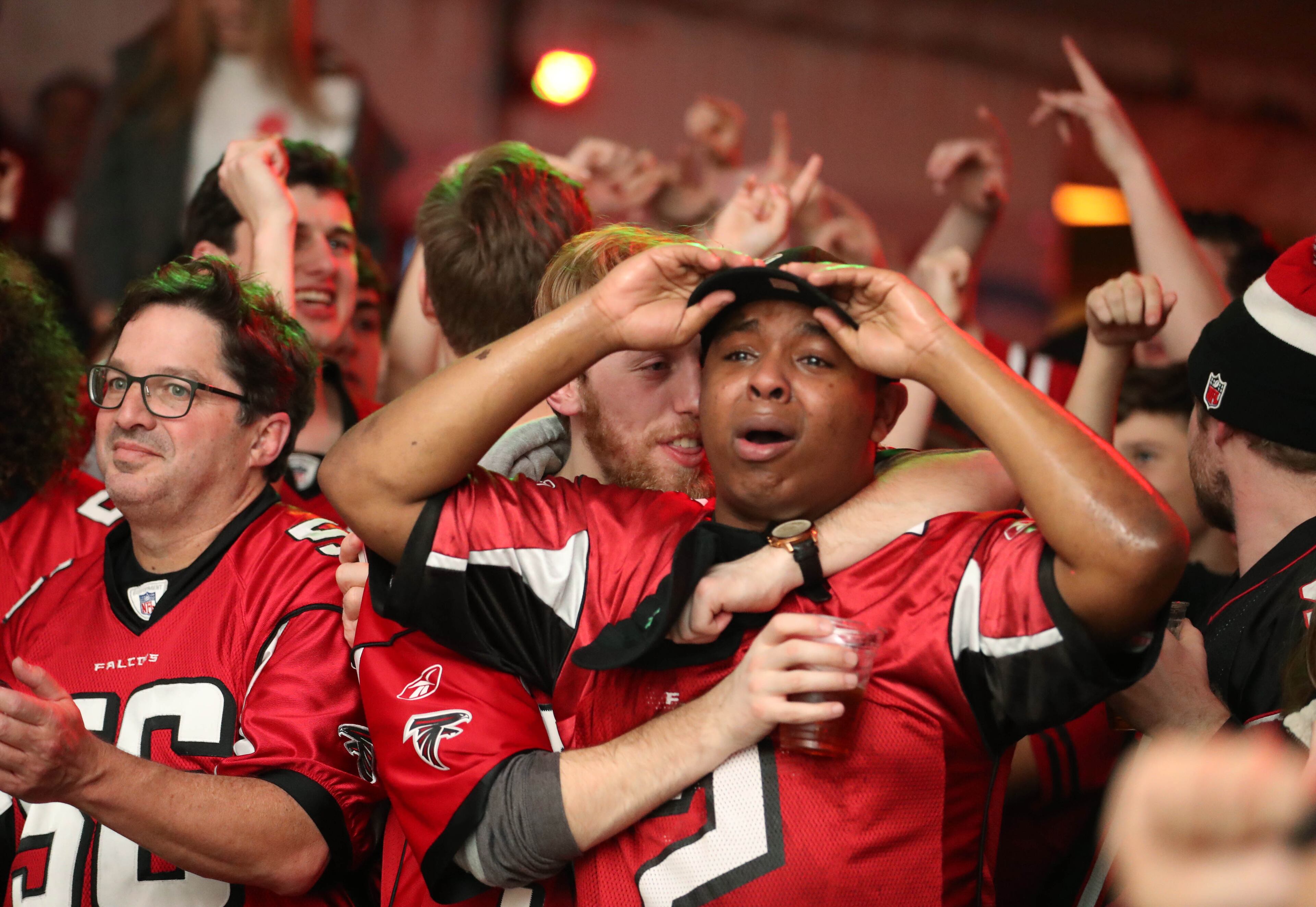 February 5, 2017 - Atlanta, Ga: An Atlanta Falcons fan shows his emotion after the Falcons scored a touchdown in the third quarter during Super Bowl 51 at Park Tavern Sunday February 5, 2017, in Atlanta. The Atlanta Falcons faced the New England Patriots in Super Bowl 51 in Houston. PHOTO / JASON GETZ