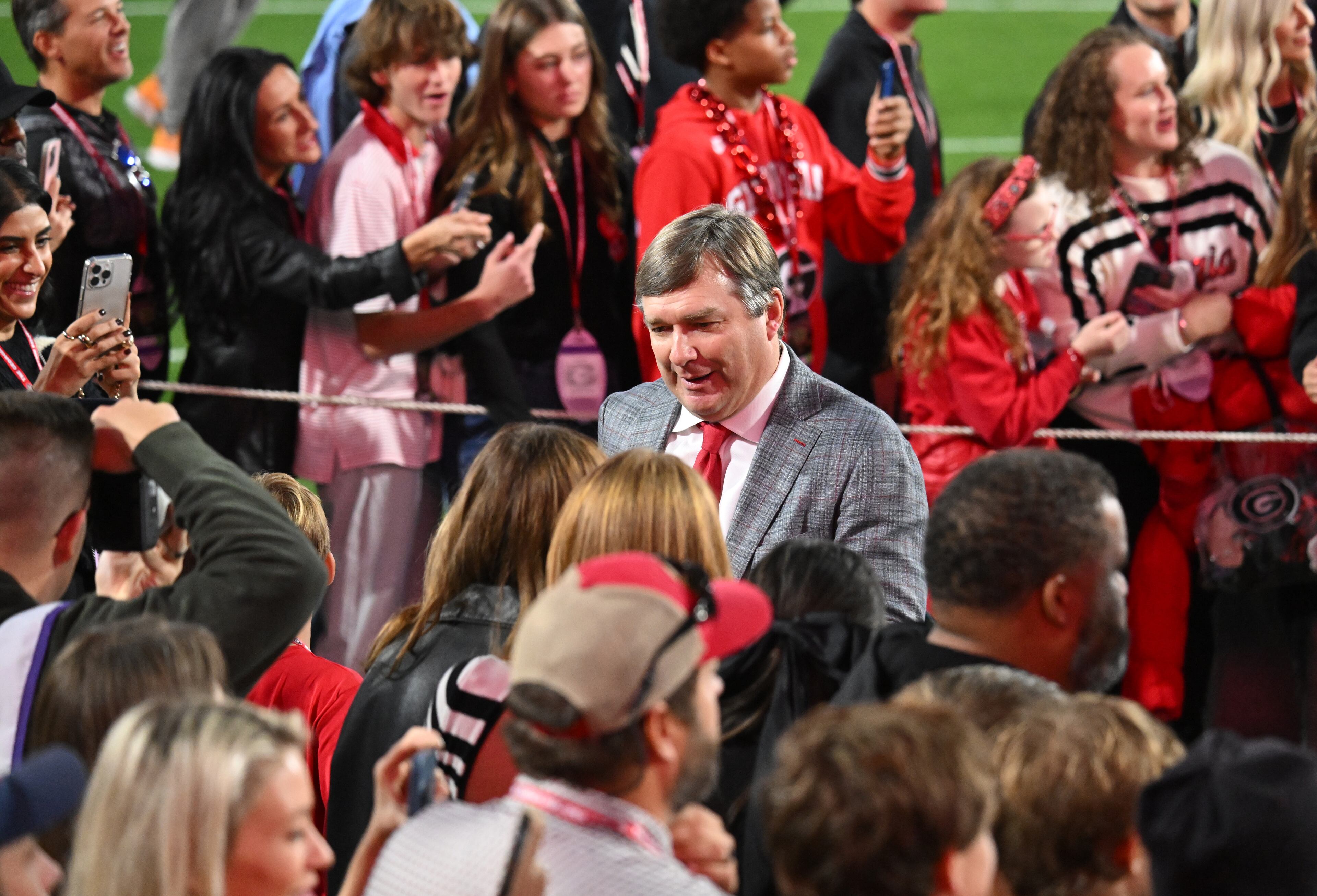 Georgia head coach Kirby Smart greets fans during Dawgs Walk before an NCAA football game between Georgia and Tennessee at Sanford Stadium, Saturday, November 16, 2024, in Athens. (Hyosub Shin / AJC)