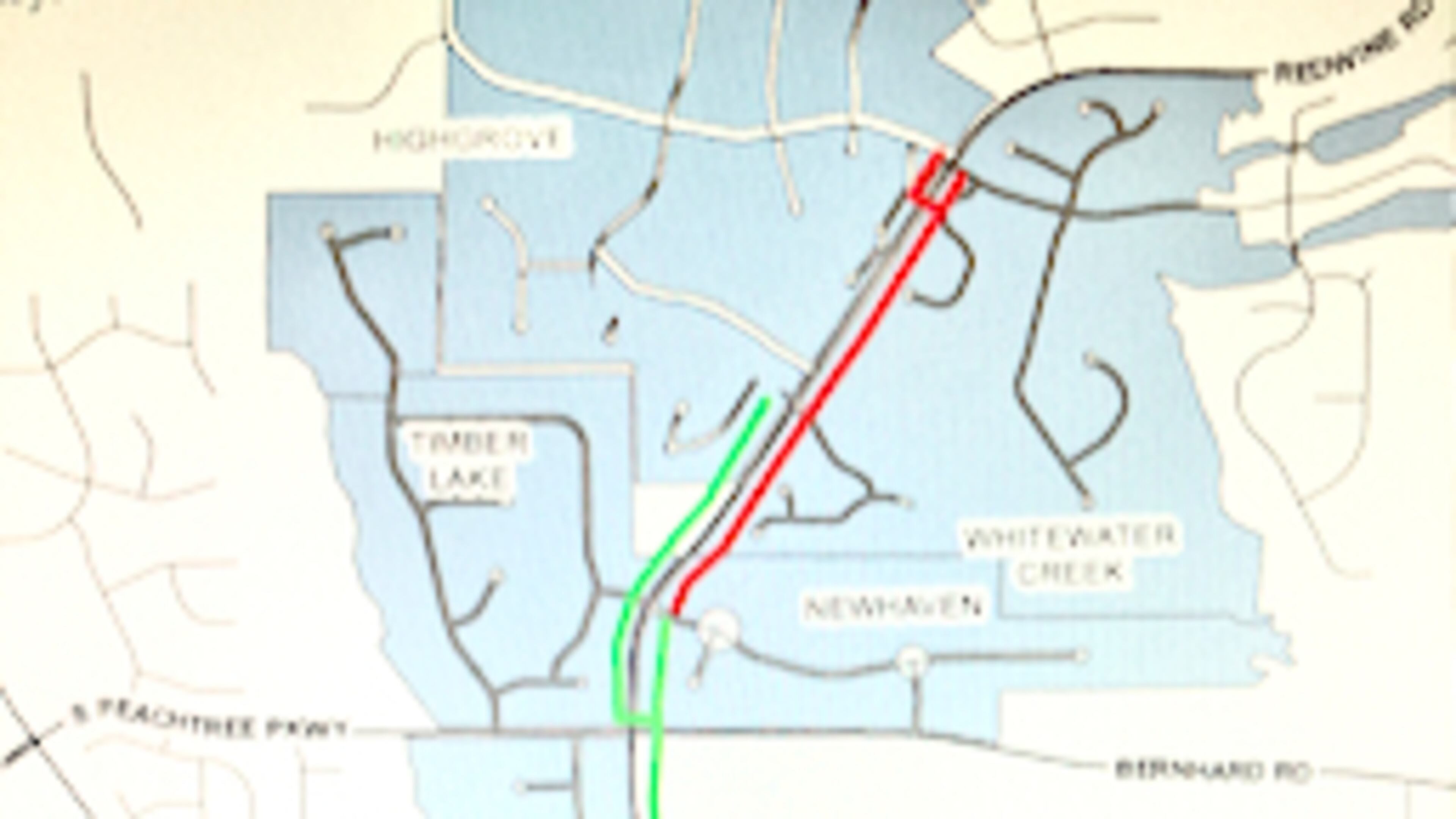 Areas shown in red indicate where new multi-use paths will be installed near the Starr's Mill school complex. Courtesy Fayette County