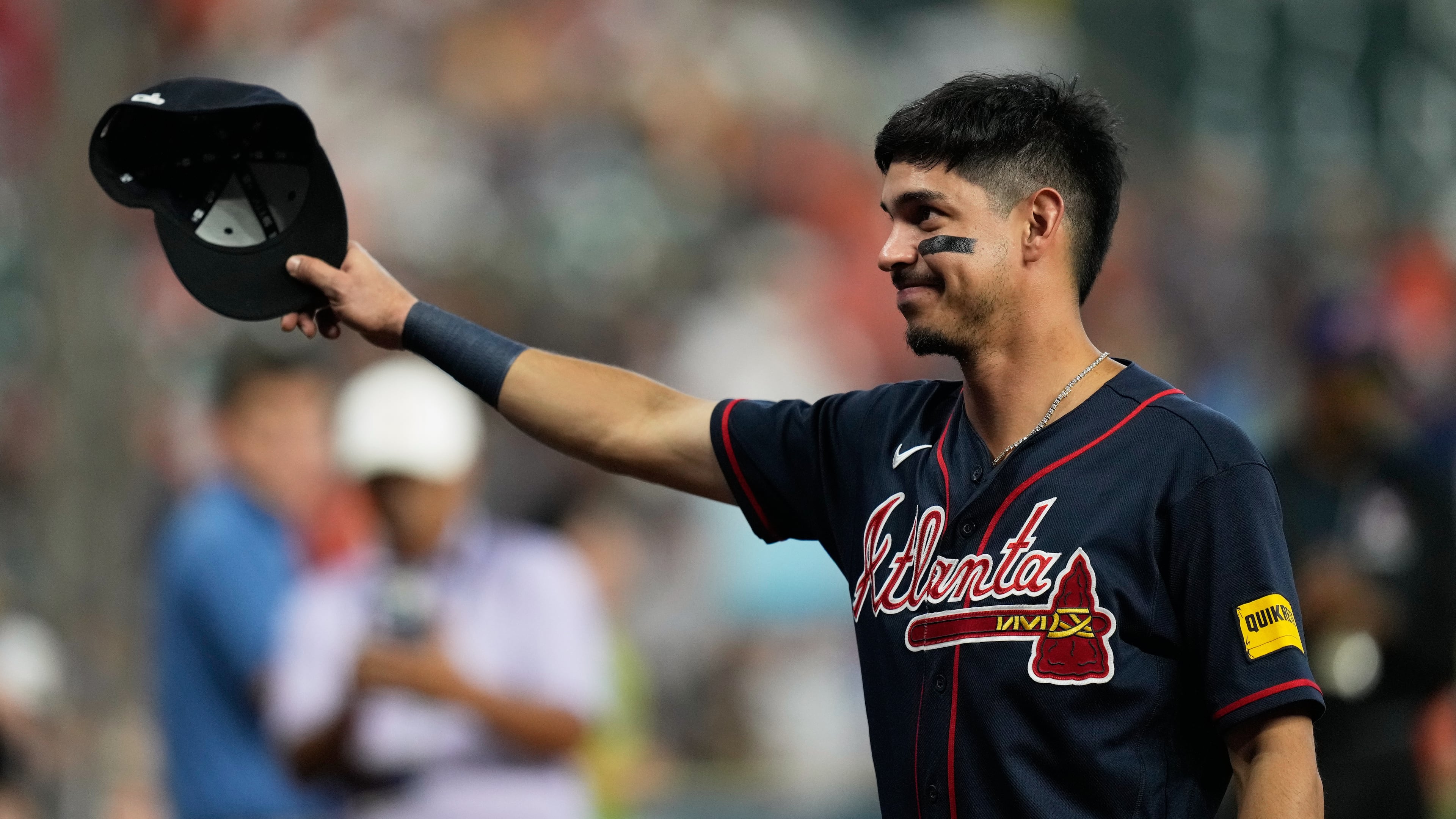 Atlanta Braves shortstop Mauricio Dubon greets fans as the Houston Astros honor him before a baseball game in Houston, Friday, Sept. 18, 2026. (Ashley Landis/AP)