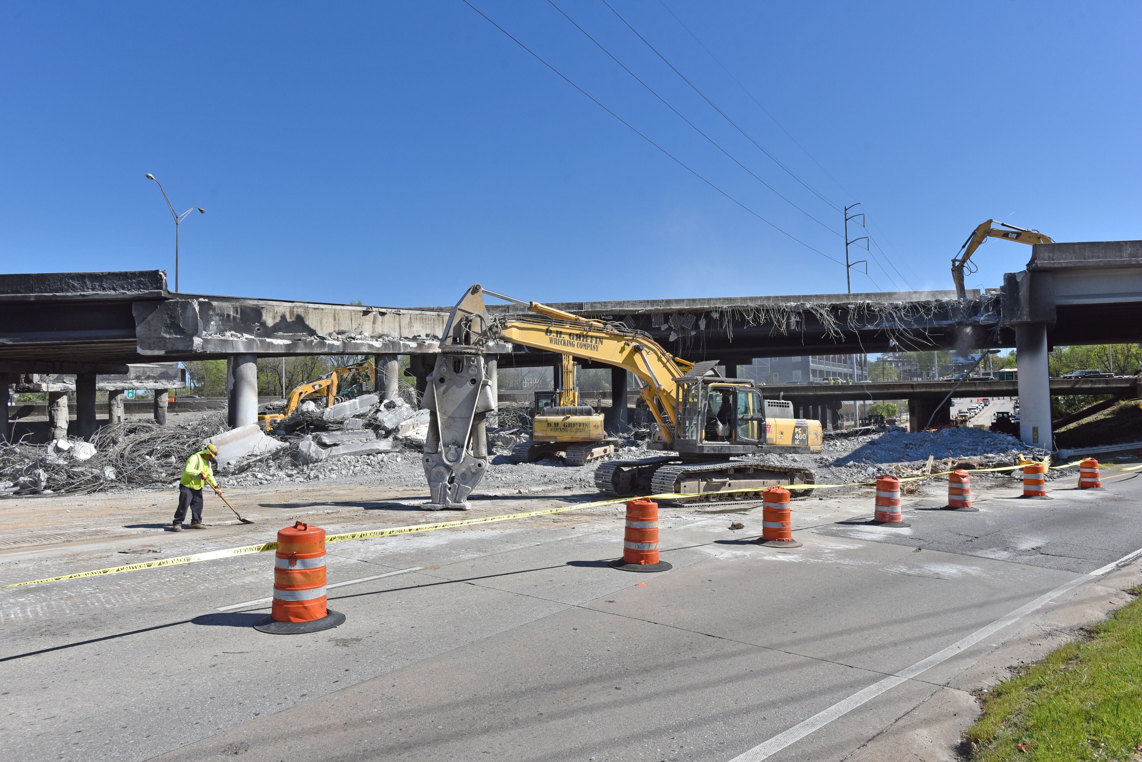 Crews demolish damaged sections of I-85 bridge structures on Saturday, April 1, 2017. Necessary work is continuing on the damaged sections of I-85 bridge structures. This includes demolition of the existing failed and damaged structures - which includes two 350-foot sections of interstate, one section each in both the northbound and southbound lanes, totaling approximately 700 feet - as well as all reconstruction activities. HYOSUB SHIN / HSHIN@AJC.COM