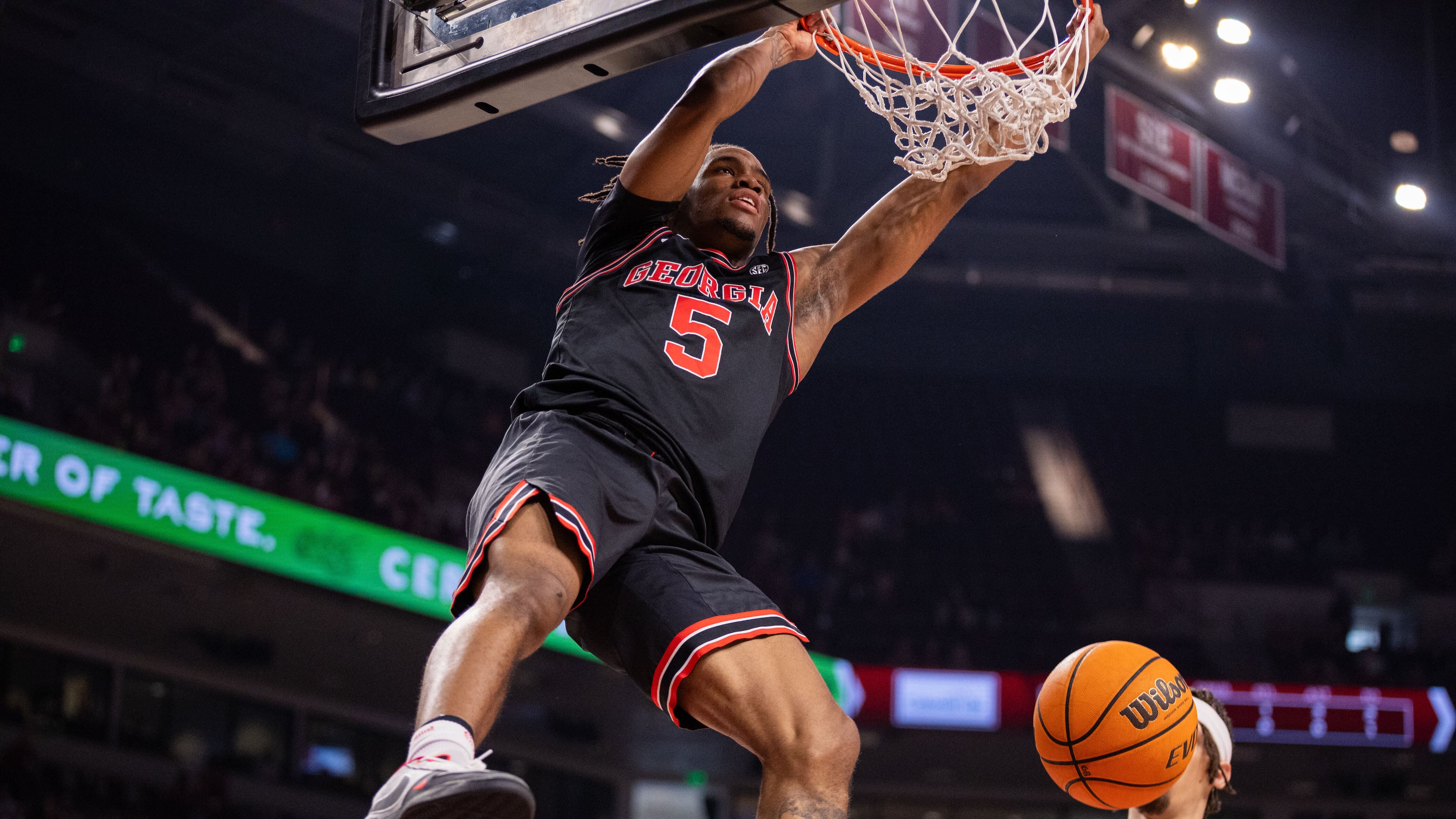 Georgia guard Jeremiah Wilkinson dunks against the South Carolina during the first half of an NCAA college basketball game Saturday, Jan. 10, 2026, in Columbia, S.C. (Scott Kinser/AP)
