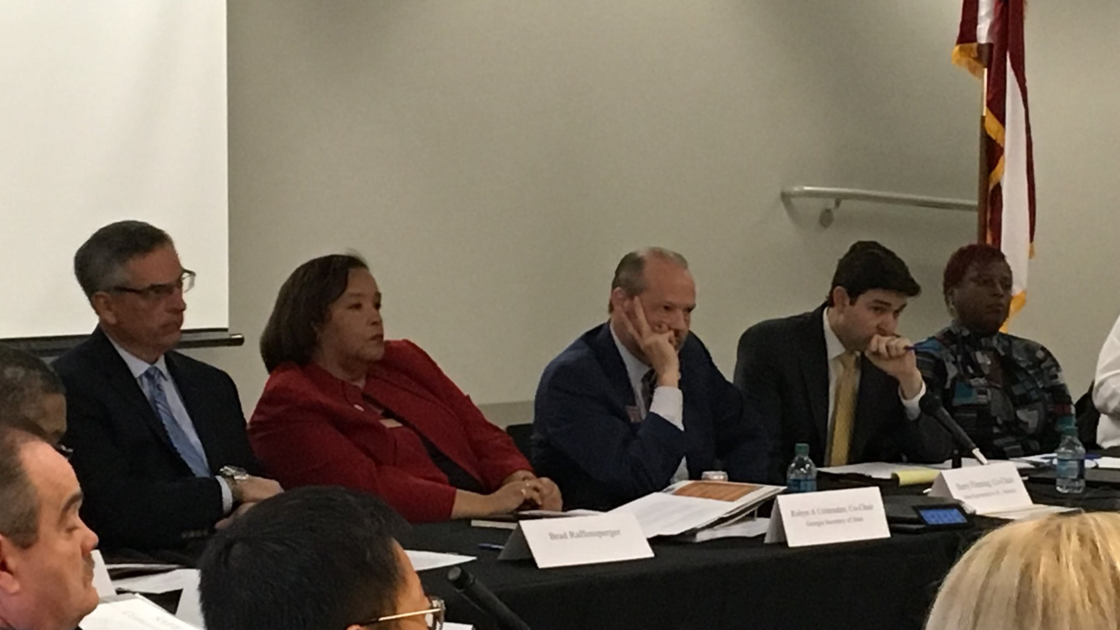 A group reviewing Georgia’s options for its next voting system listened Wednesday to presentations at the Professional Licensing Boards Division of the Secretary of State’s Office in Macon. From left: Secretary of State-elect Brad Raffensperger, Secretary of State Robyn Crittenden, state Rep. Barry Fleming, Secretary of State’s general counsel Ryan Germany and Rockdale County Elections Supervisor Cynthia Welch. MARK NIESSE / MARK.NIESSE@AJC.COM