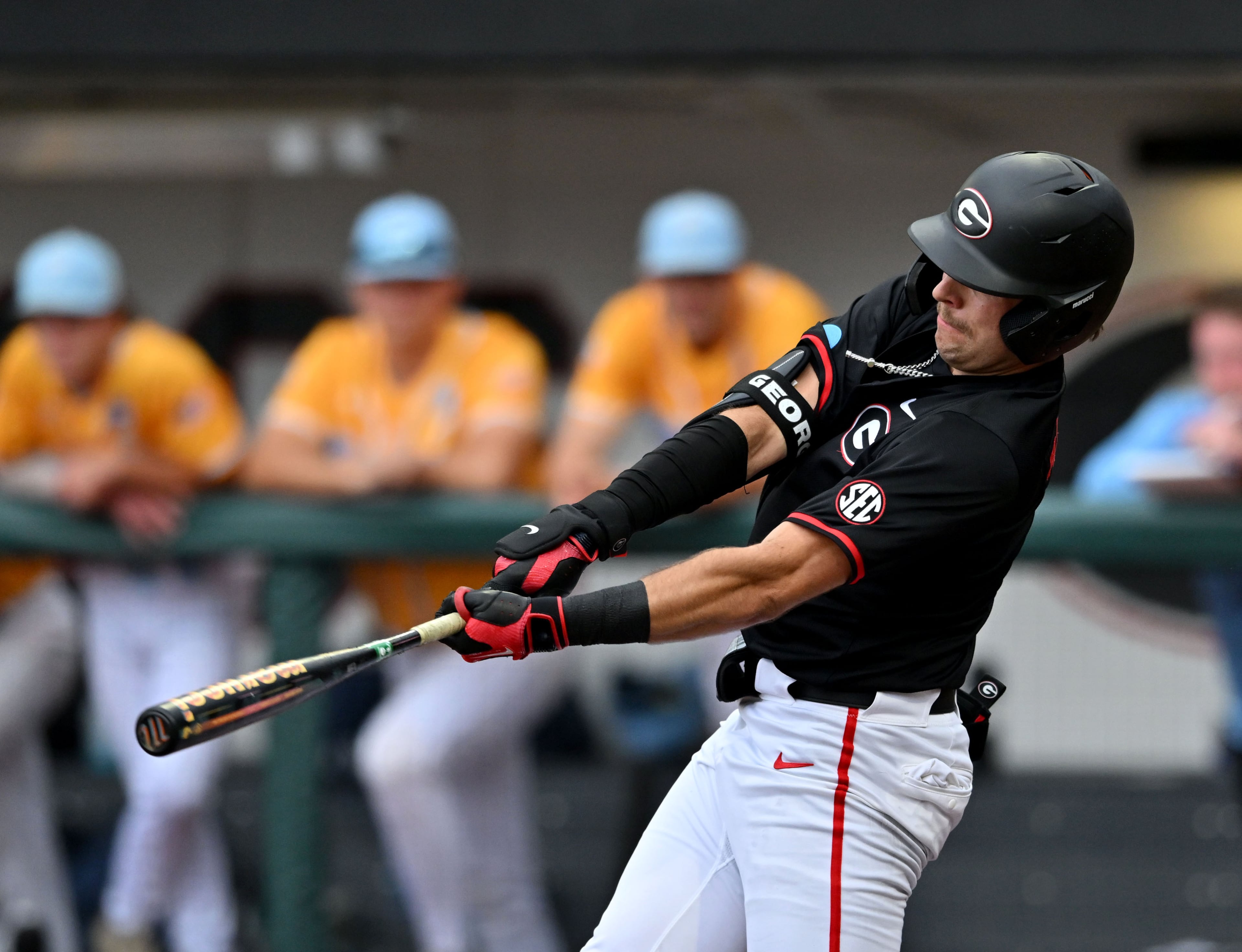 Georgia catcher Jack Arcamone (7) hits a 2-run home run during the third inning of their NCAA Regional game at Foley Field, Friday, May 29, 2026, in Athens. (Hyosub Shin/AJC)