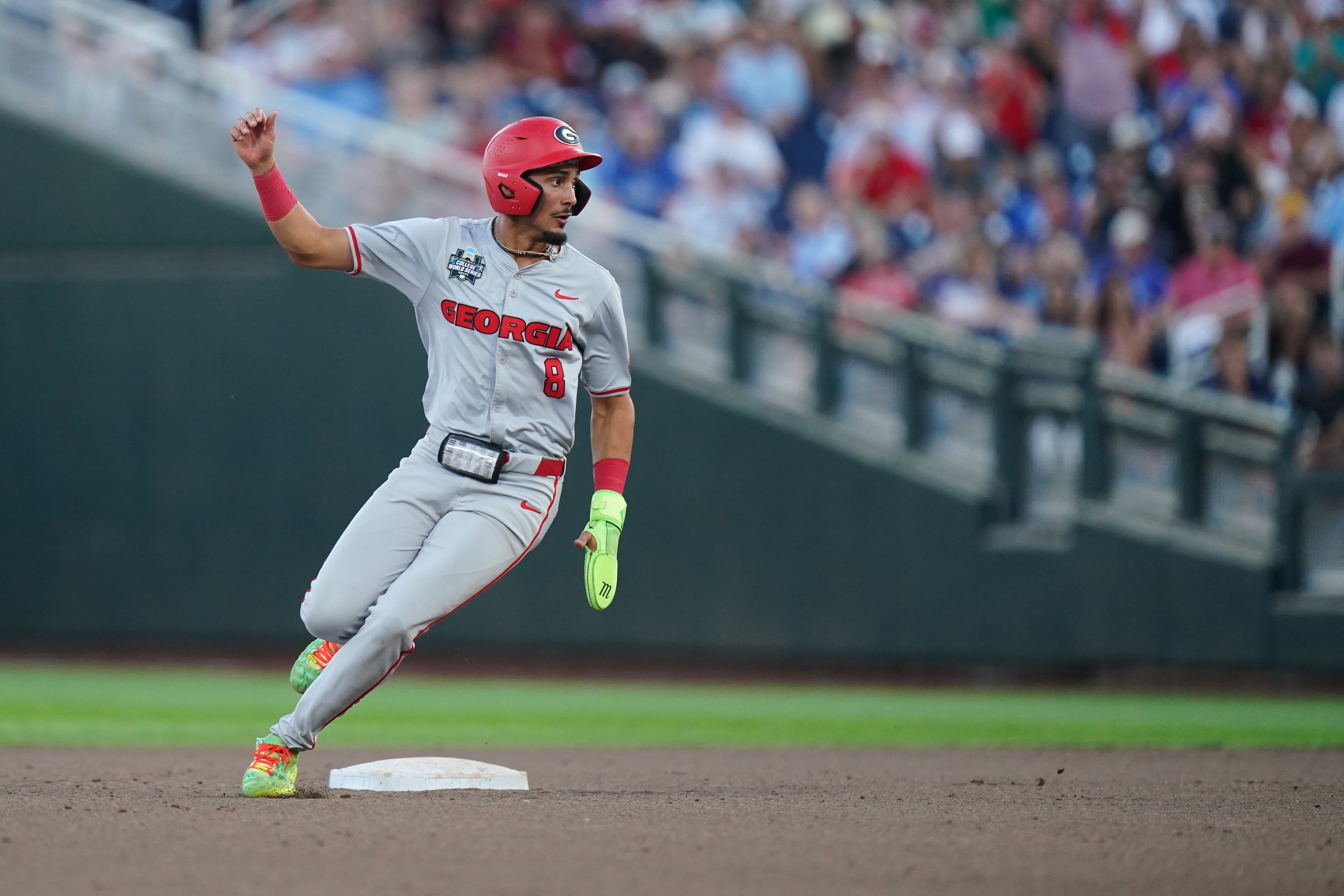 Georgia infielder Rylan Lujo rounds second during a College World Series game against Oklahoma on Monday, June 15, 2026, in Omaha, Neb. (Vera Nieuwenhuis/AP)