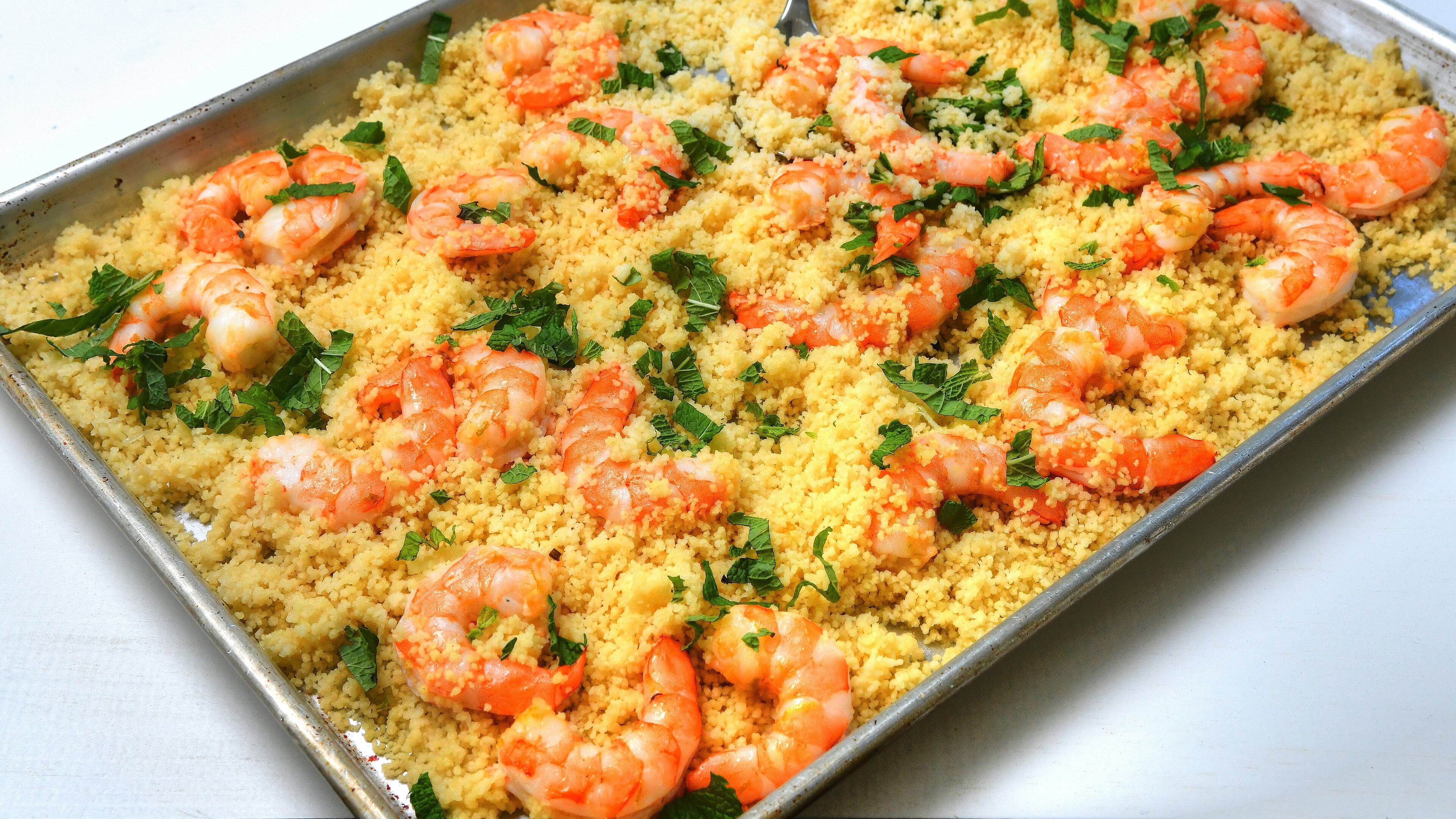 Sheet-Pan Shrimp and Couscous. Chris Hunt for The Atlanta Journal-Constitution