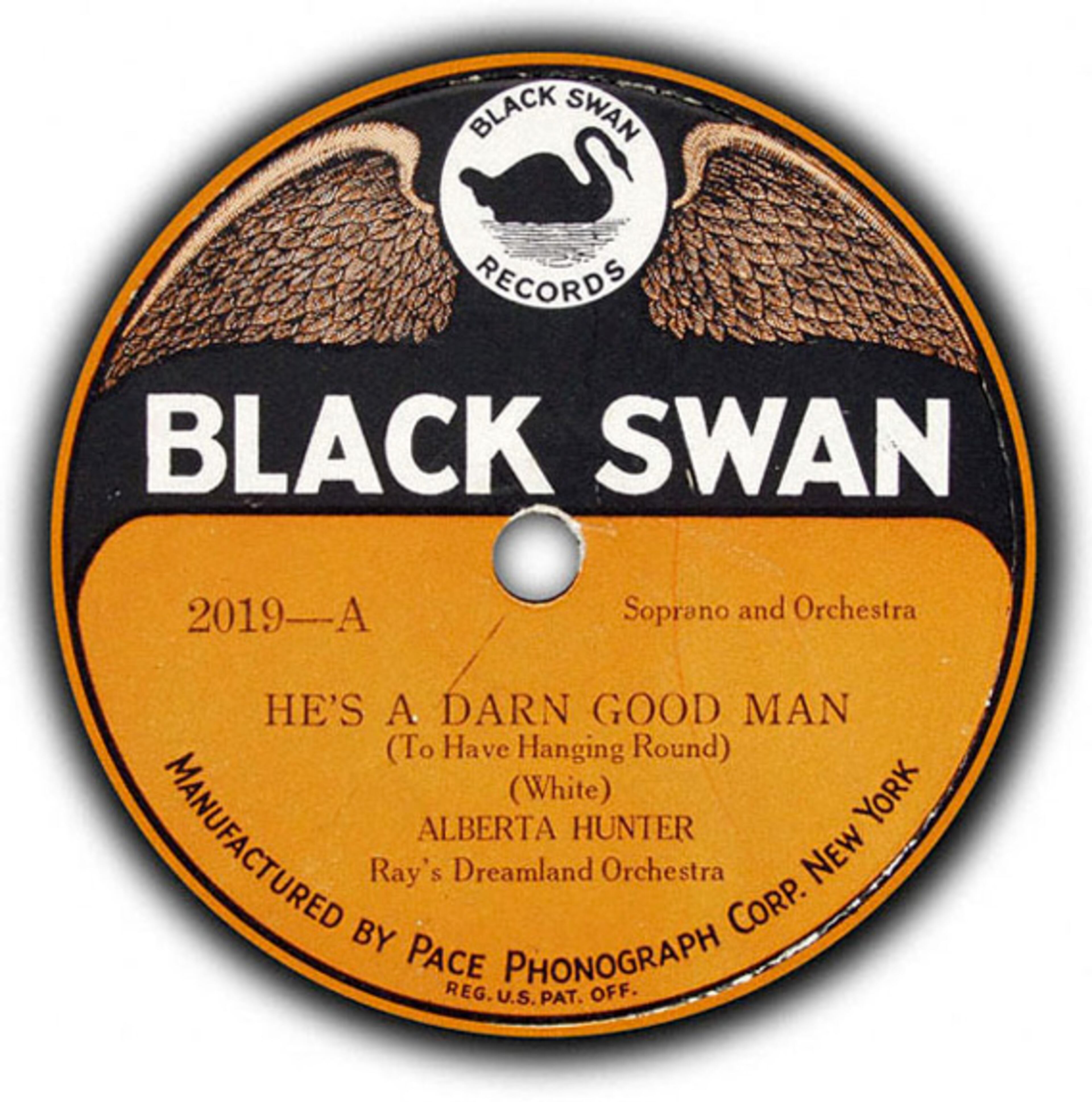 The record label for "He's a Darn Good Man" by Alberta Hunter, recorded and distributed by Black Swan Records. (WikiCommons)