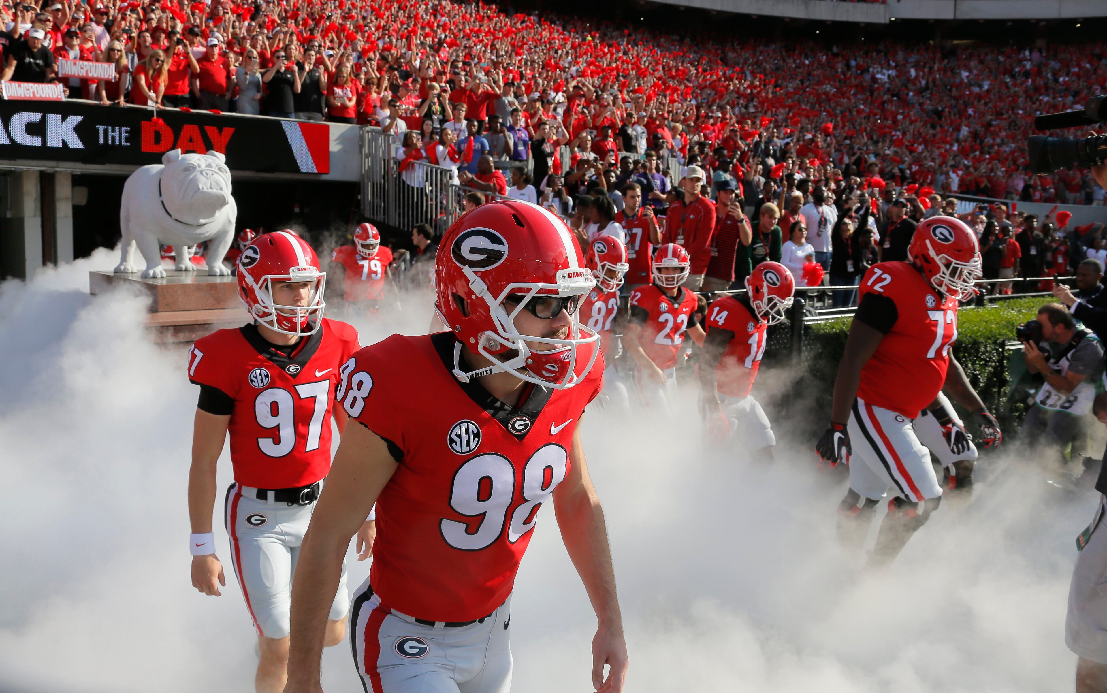 11/4/17 - Athens - Georgia Bulldogs place kicker Rodrigo Blankenship (98) takes the field before the game. NCAA football game between the University of Georgia Bulldogs and the University of South Carolina Gamecocks BOB ANDRES /BANDRES@AJC.COM