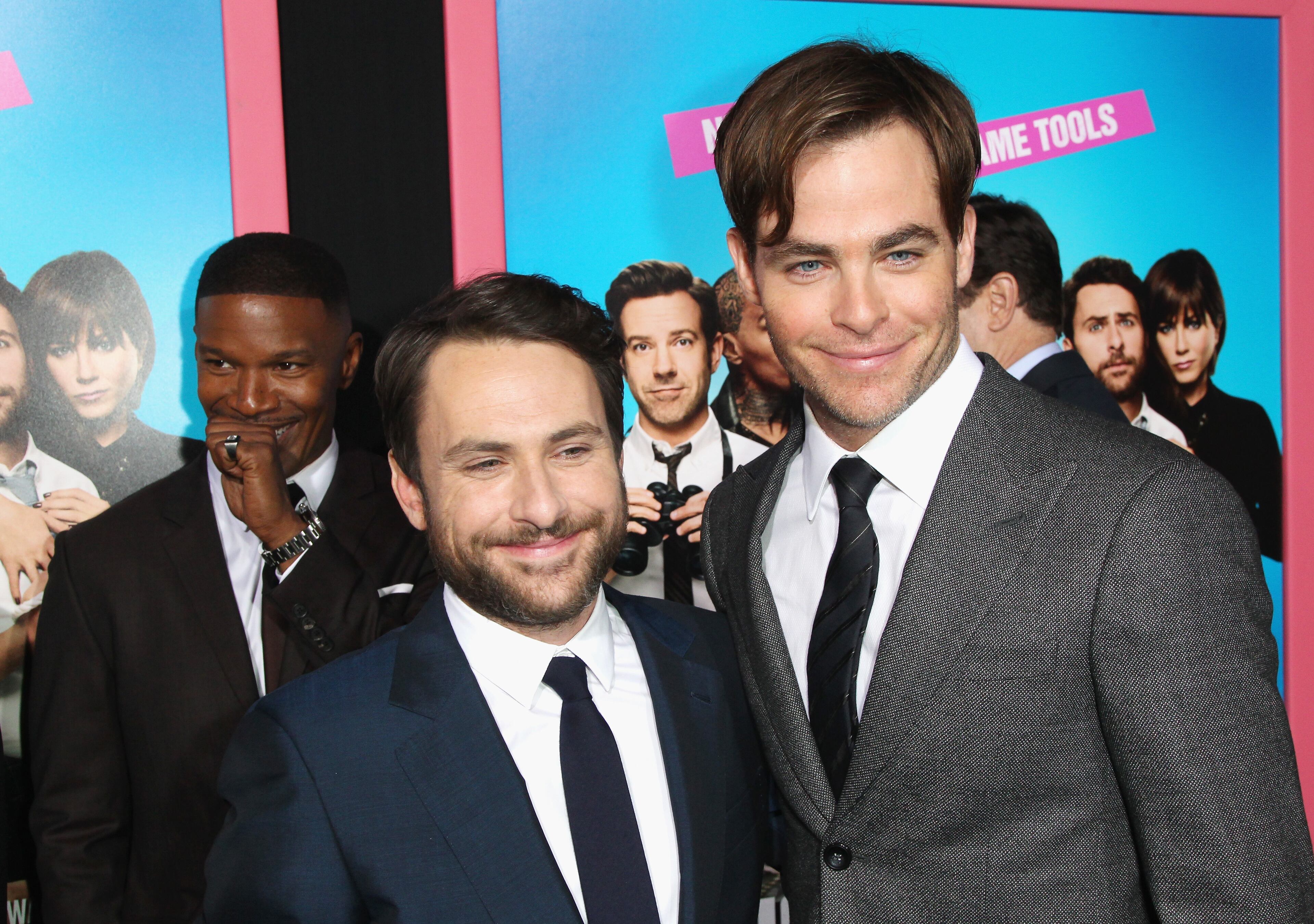 HOLLYWOOD, CA - NOVEMBER 20: (L-R) Actors Jamie Foxx, Charlie Day and Chris Pine attend the Los Angeles premiere of New Line Cinema's "Horrible Bosses 2" at TCL Chinese Theatre on November 20, 2014 in Hollywood, California. (Photo by David Buchan/Getty Images)