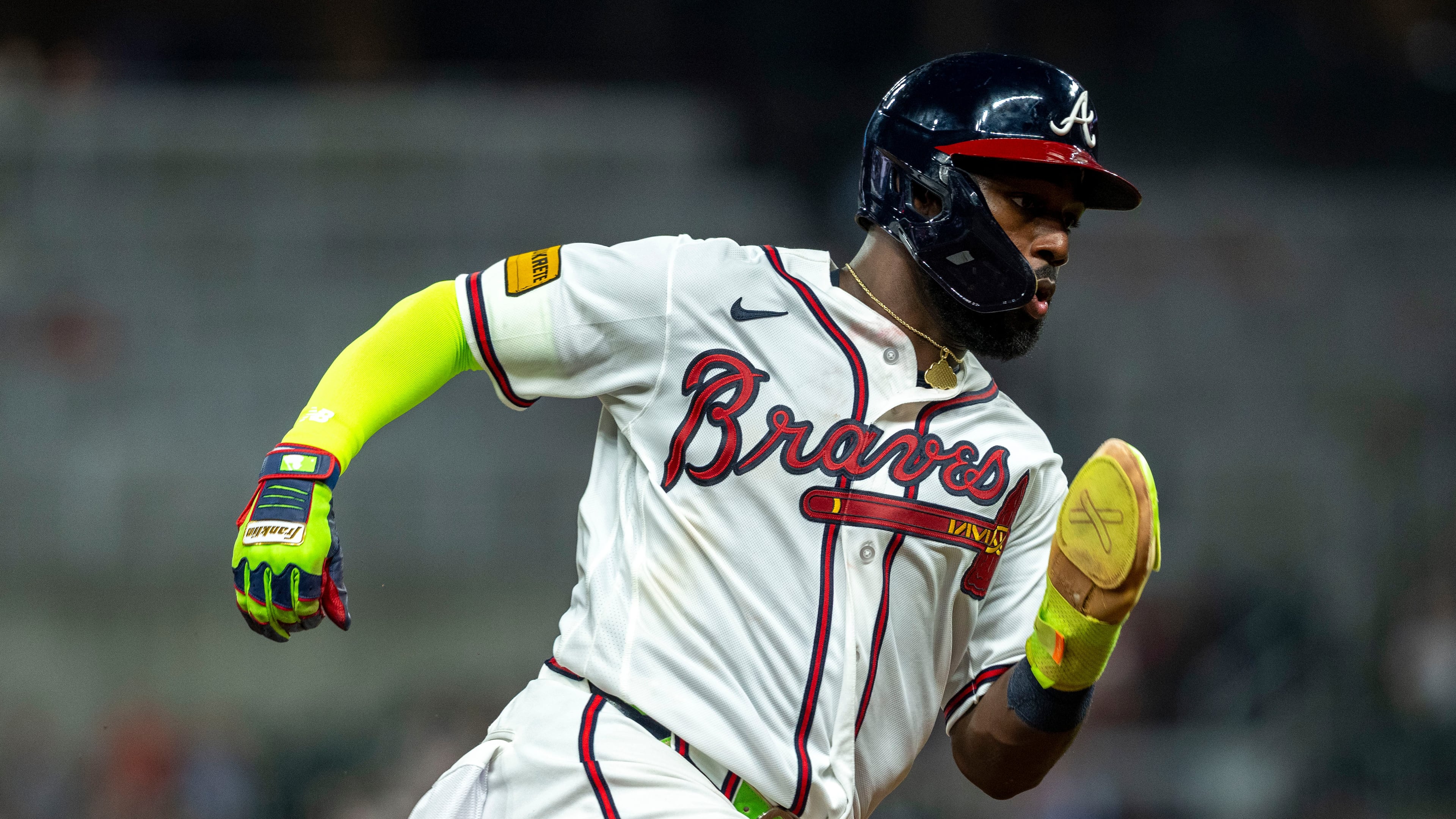Atlanta Braves center fielder Michael Harris II (23) rounds third base during the eighth inning of a baseball game against the St. Louis Cardinals Wednesday, July 1, 2026, in Atlanta. (AP Photo/Erik Rank)